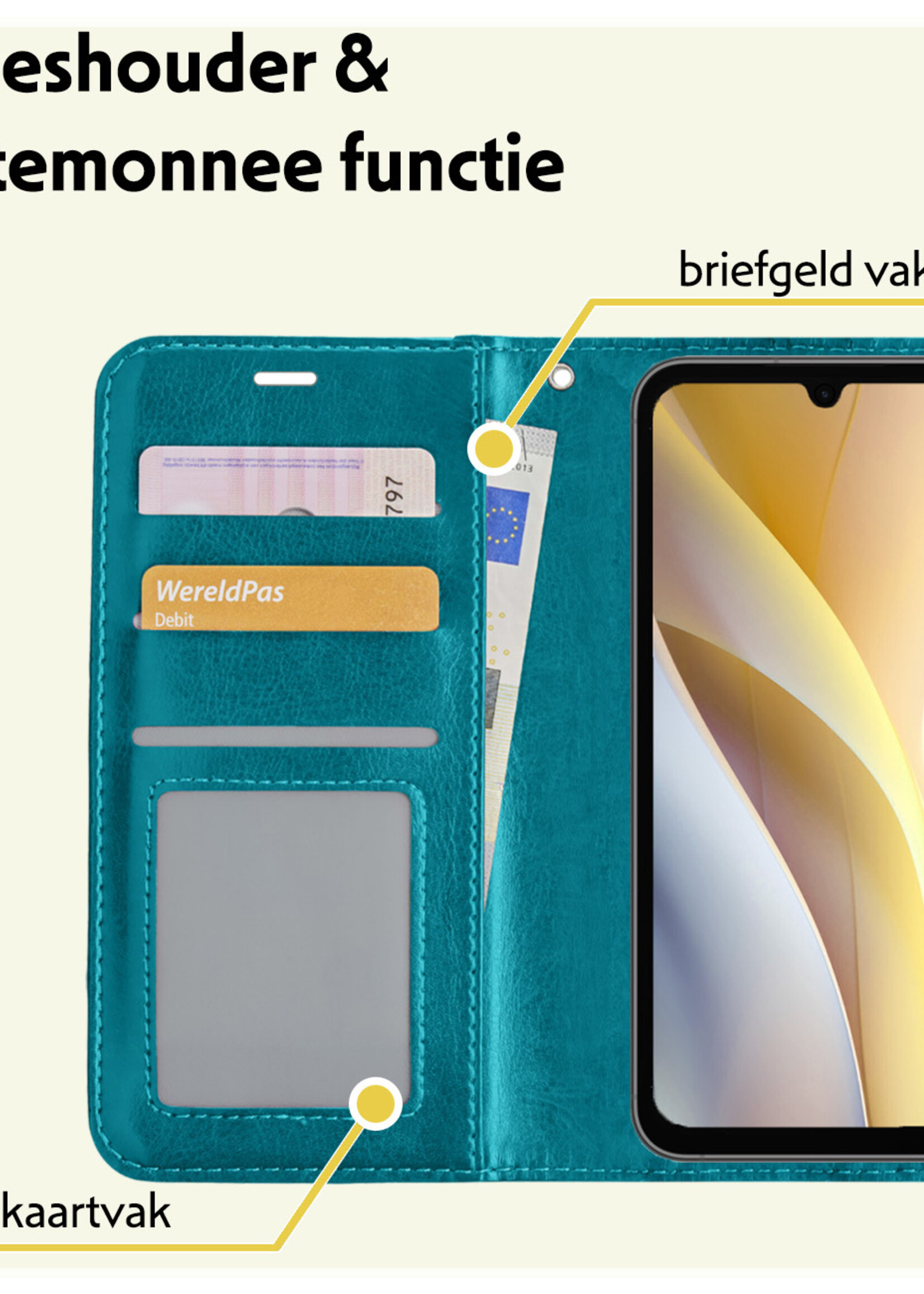 LUQ Hoesje Geschikt voor Samsung A15 Hoesje Book Case Hoes Wallet Cover Met Screenprotector - Hoes Geschikt voor Samsung Galaxy A15 Hoesje Bookcase Hoes - Turquoise