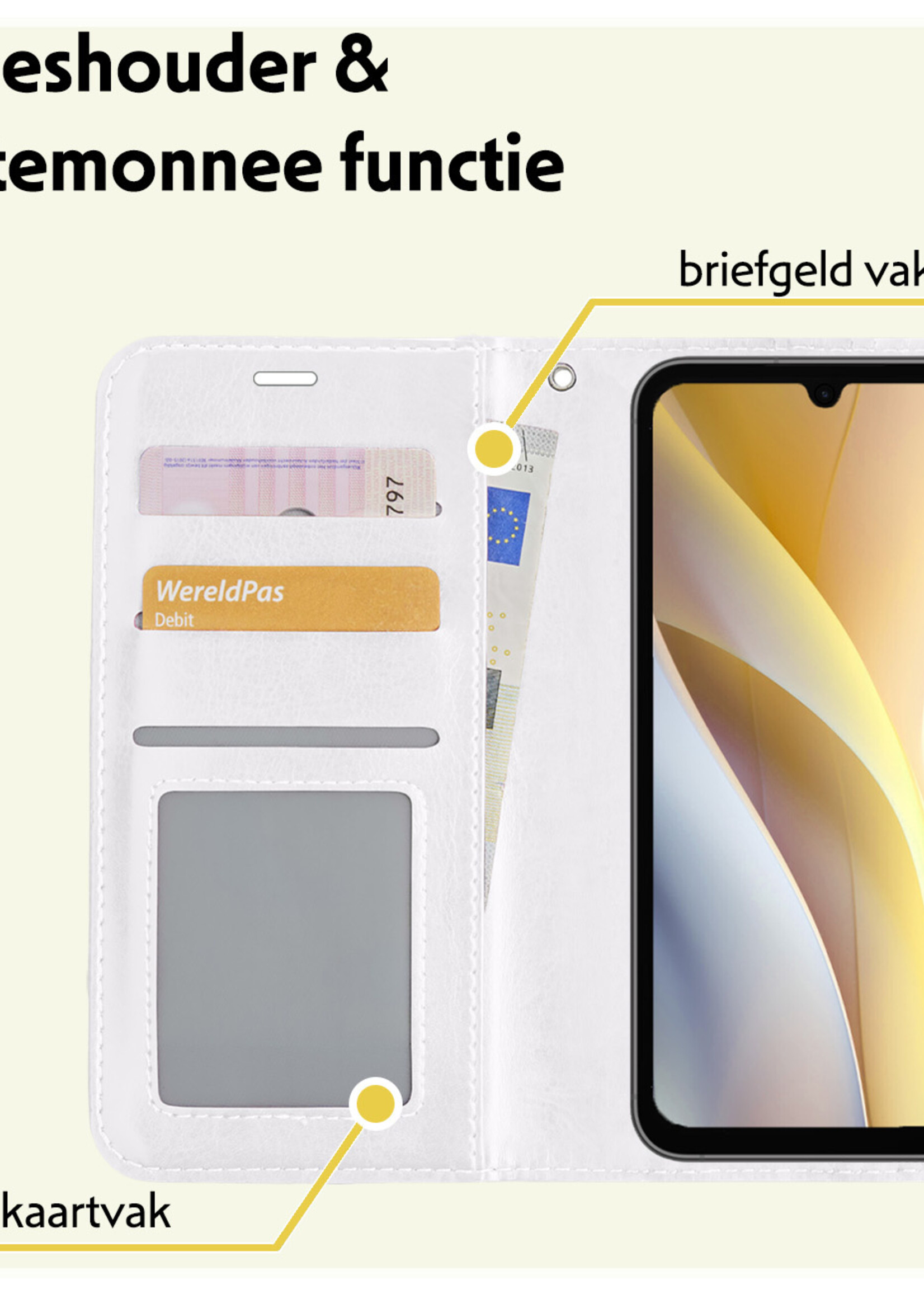 LUQ Hoesje Geschikt voor Samsung A15 Hoesje Book Case Hoes Wallet Cover Met Screenprotector - Hoes Geschikt voor Samsung Galaxy A15 Hoesje Bookcase Hoes - Wit