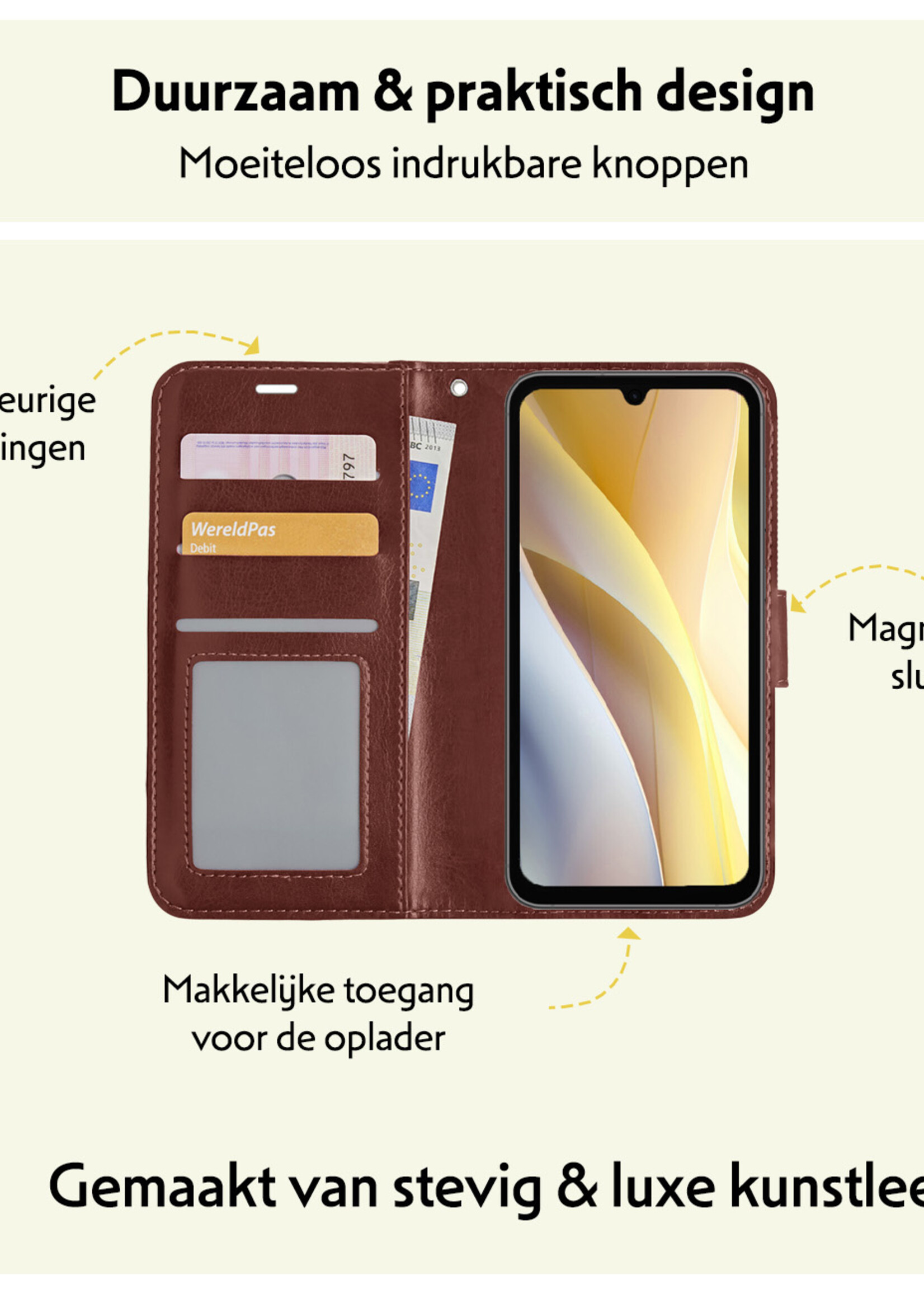 LUQ Hoesje Geschikt voor Samsung A15 Hoesje Book Case Hoes Wallet Cover Met 2x Screenprotector - Hoes Geschikt voor Samsung Galaxy A15 Hoesje Bookcase Hoes - Bruin