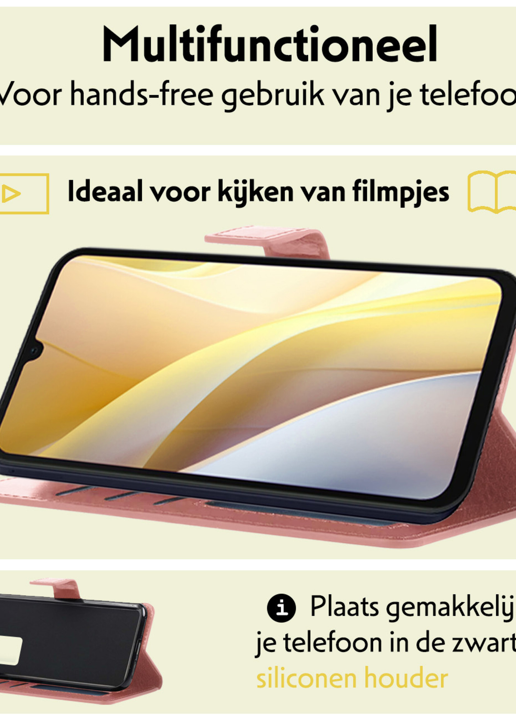 LUQ Hoesje Geschikt voor Samsung A15 Hoesje Book Case Hoes Wallet Cover Met 2x Screenprotector - Hoes Geschikt voor Samsung Galaxy A15 Hoesje Bookcase Hoes - Rosé goud