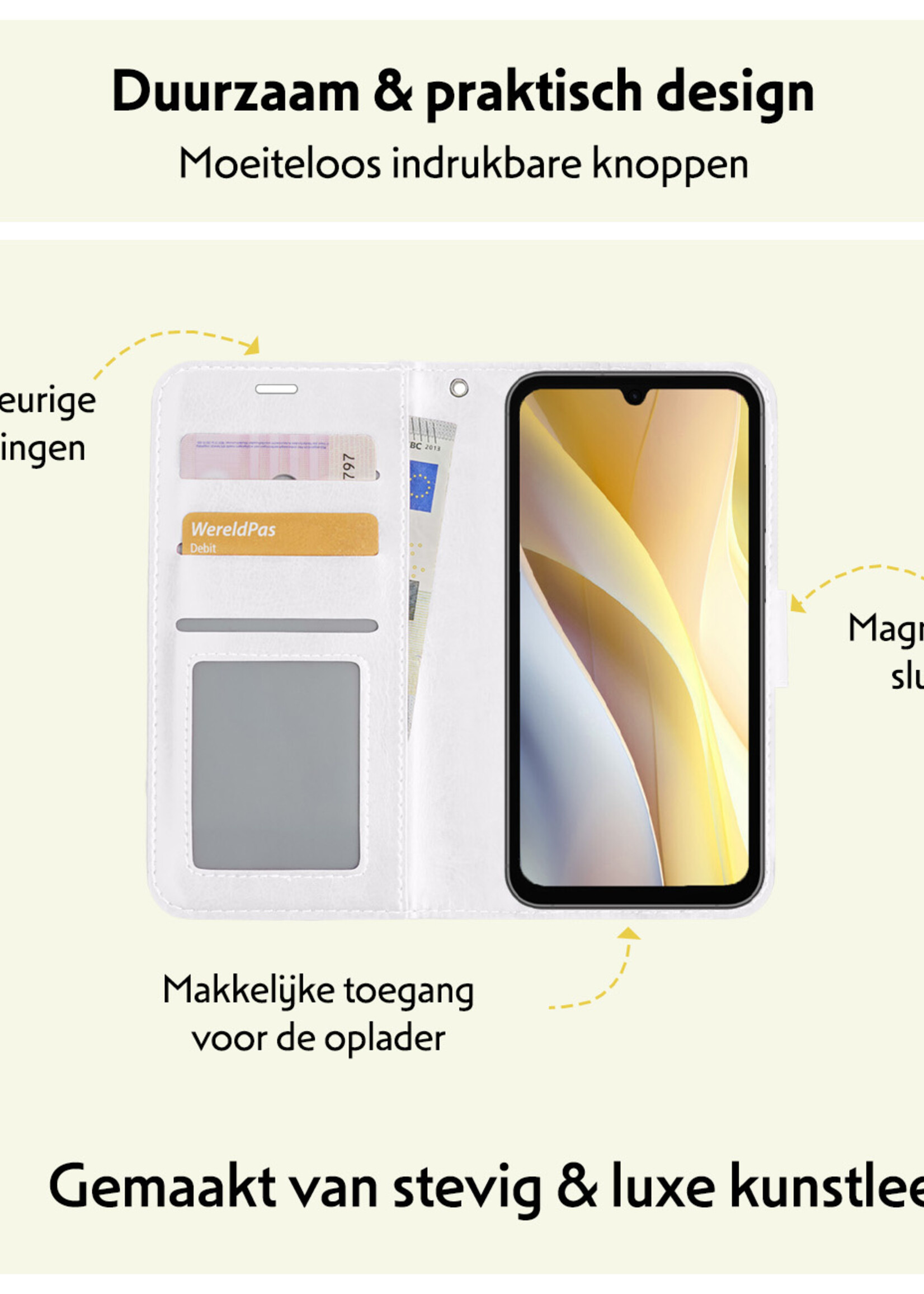 LUQ Hoesje Geschikt voor Samsung A15 Hoesje Book Case Hoes Wallet Cover Met 2x Screenprotector - Hoes Geschikt voor Samsung Galaxy A15 Hoesje Bookcase Hoes - Wit