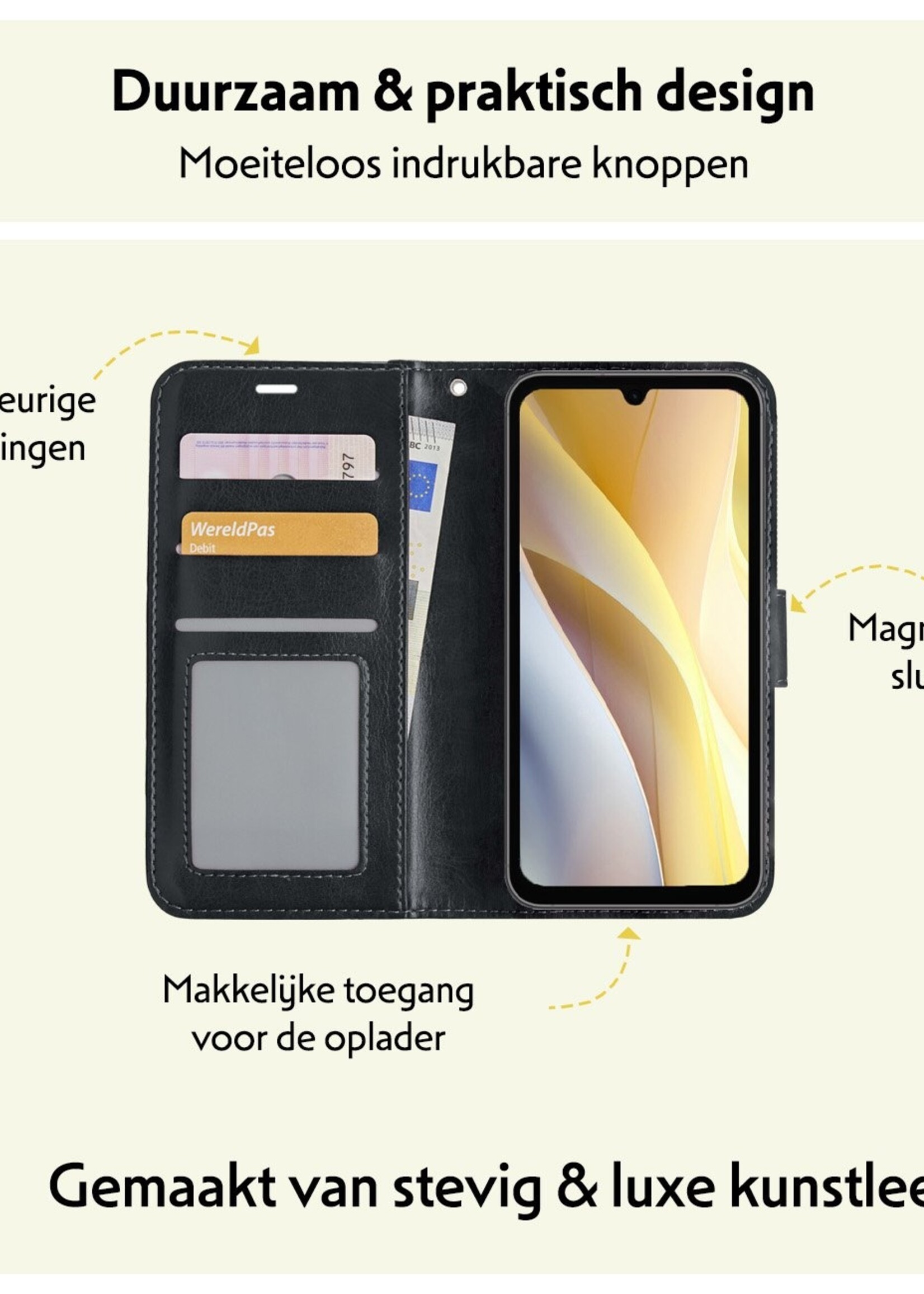 LUQ Hoesje Geschikt voor Samsung A15 Hoesje Book Case Hoes Wallet Cover Met 2x Screenprotector - Hoes Geschikt voor Samsung Galaxy A15 Hoesje Bookcase Hoes - Zwart