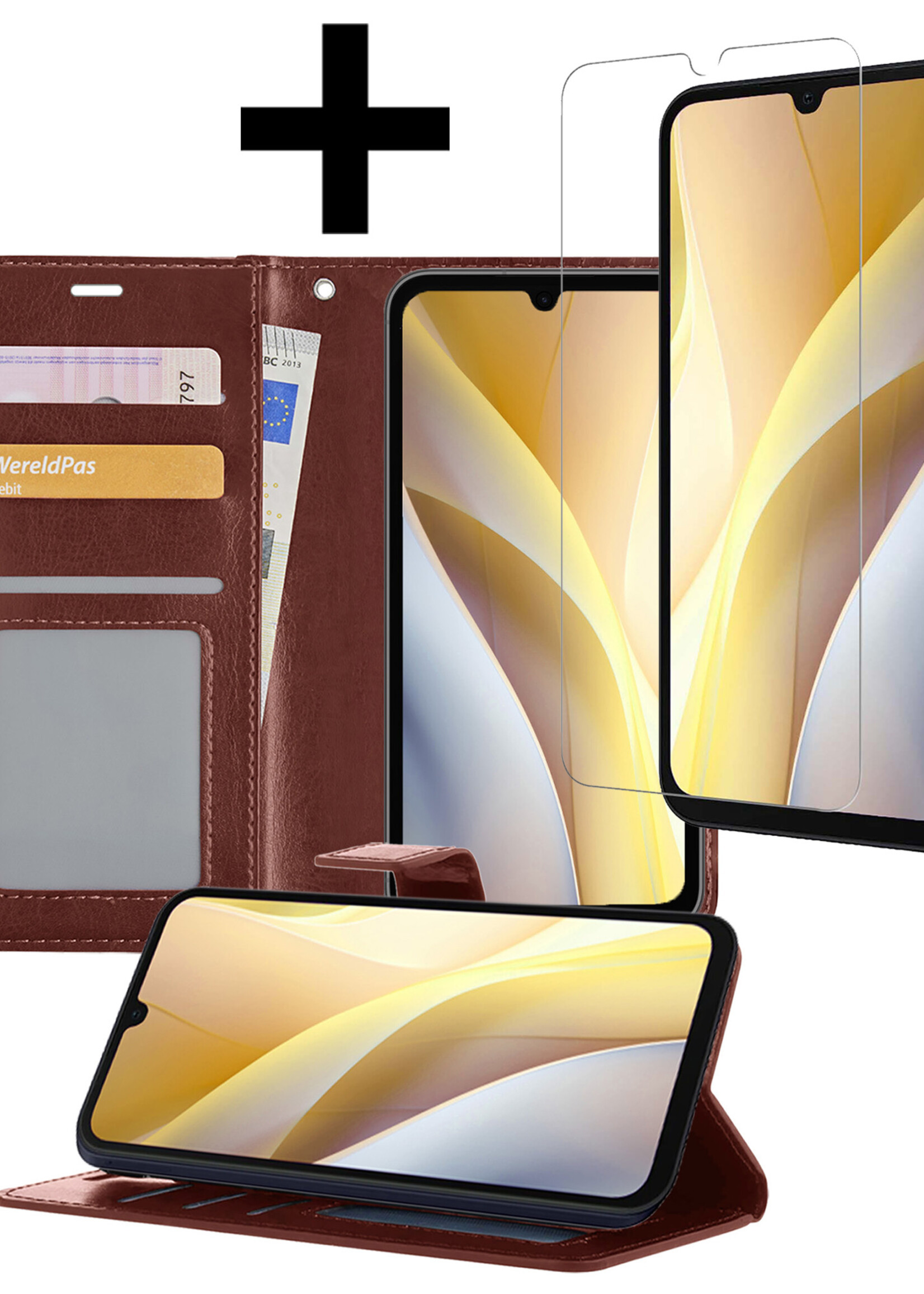 LUQ Hoesje Geschikt voor Samsung A15 Hoesje Book Case Hoes Wallet Cover Met Screenprotector - Hoes Geschikt voor Samsung Galaxy A15 Hoesje Bookcase Hoes - Bruin