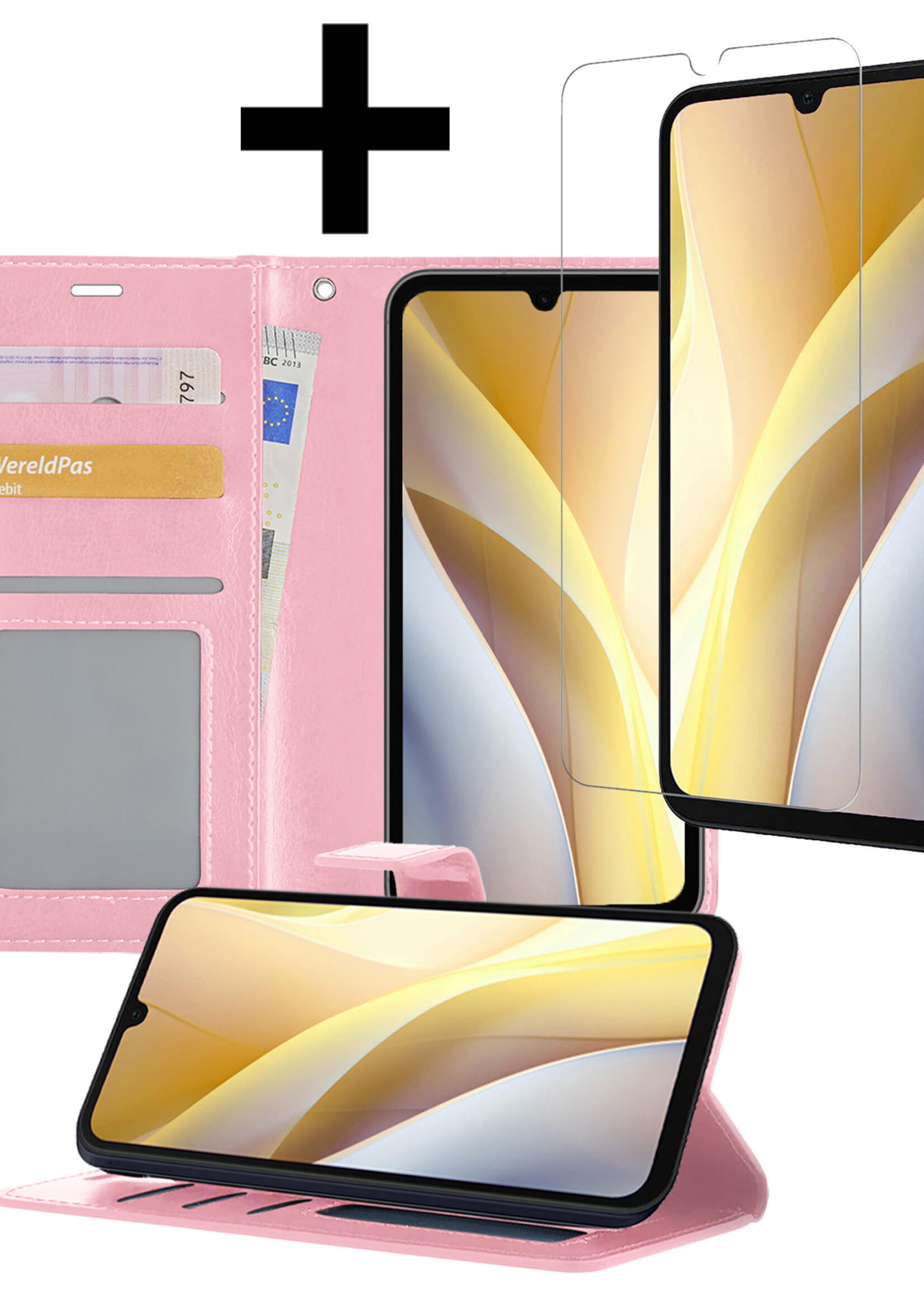 LUQ Hoesje Geschikt voor Samsung A15 Hoesje Book Case Hoes Wallet Cover Met Screenprotector - Hoes Geschikt voor Samsung Galaxy A15 Hoesje Bookcase Hoes - Lichtroze