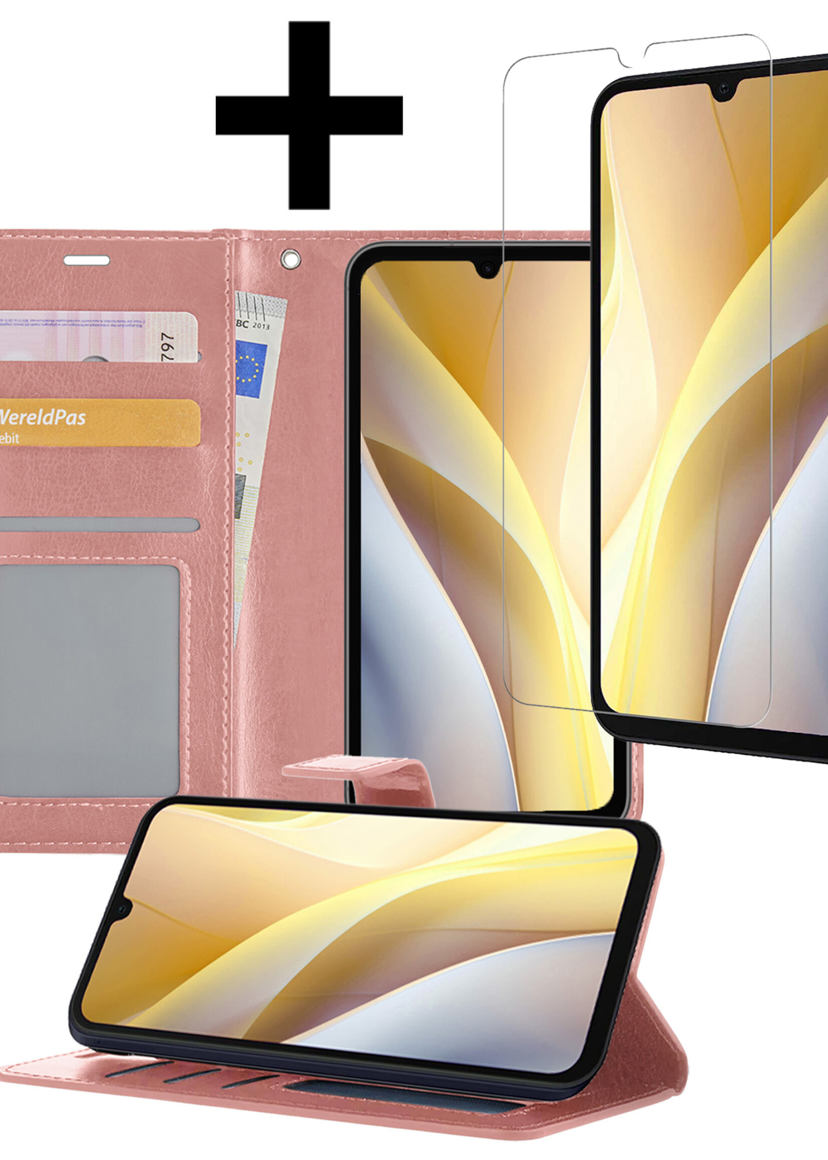 LUQ Hoesje Geschikt voor Samsung A15 Hoesje Book Case Hoes Wallet Cover Met Screenprotector - Hoes Geschikt voor Samsung Galaxy A15 Hoesje Bookcase Hoes - Rosé goud