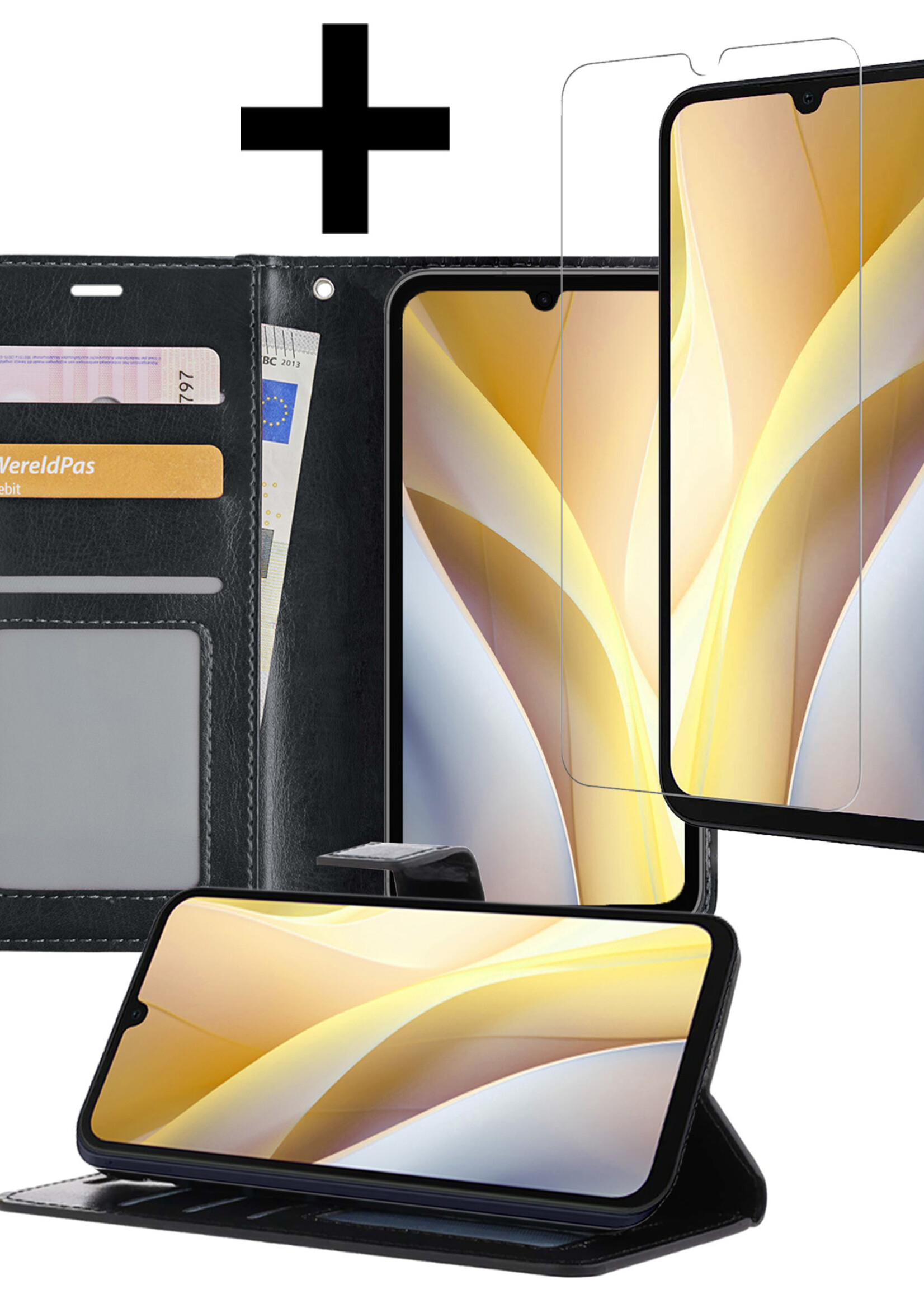 LUQ Hoesje Geschikt voor Samsung A15 Hoesje Book Case Hoes Wallet Cover Met Screenprotector - Hoes Geschikt voor Samsung Galaxy A15 Hoesje Bookcase Hoes - Zwart