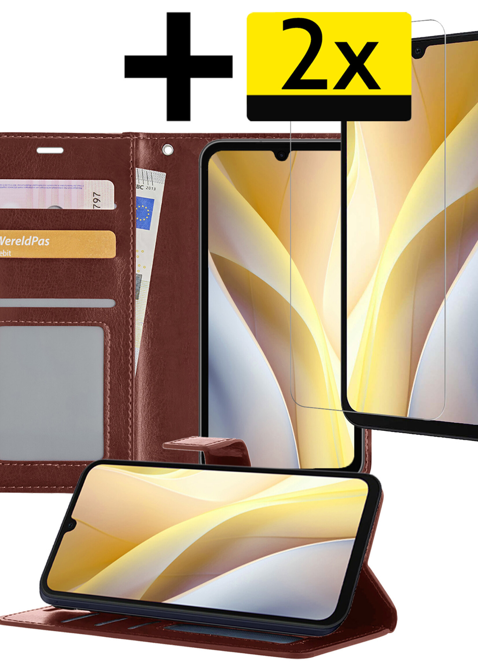 LUQ Hoesje Geschikt voor Samsung A15 Hoesje Book Case Hoes Wallet Cover Met 2x Screenprotector - Hoes Geschikt voor Samsung Galaxy A15 Hoesje Bookcase Hoes - Bruin