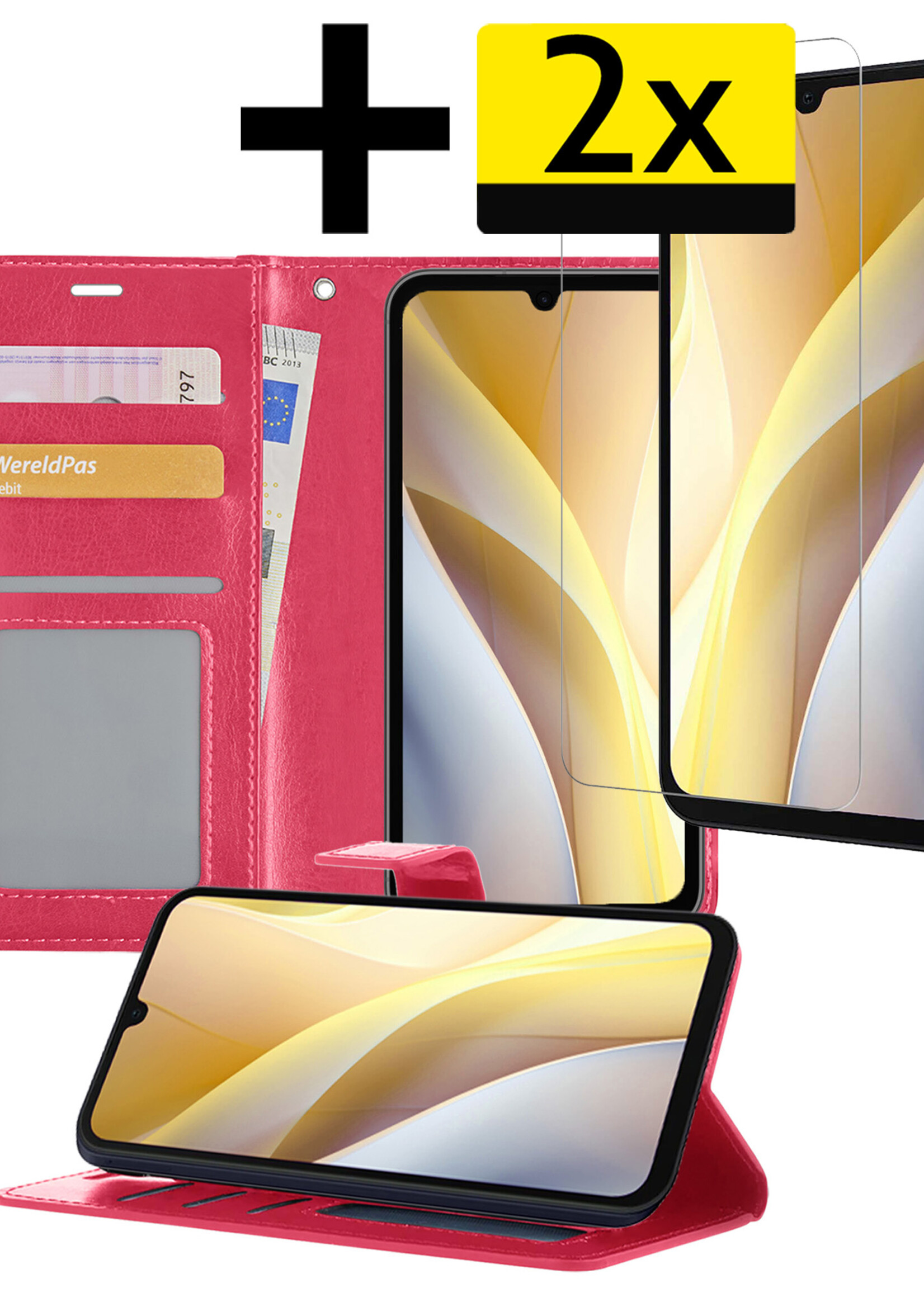 LUQ Hoesje Geschikt voor Samsung A15 Hoesje Book Case Hoes Wallet Cover Met 2x Screenprotector - Hoes Geschikt voor Samsung Galaxy A15 Hoesje Bookcase Hoes - Donkerroze