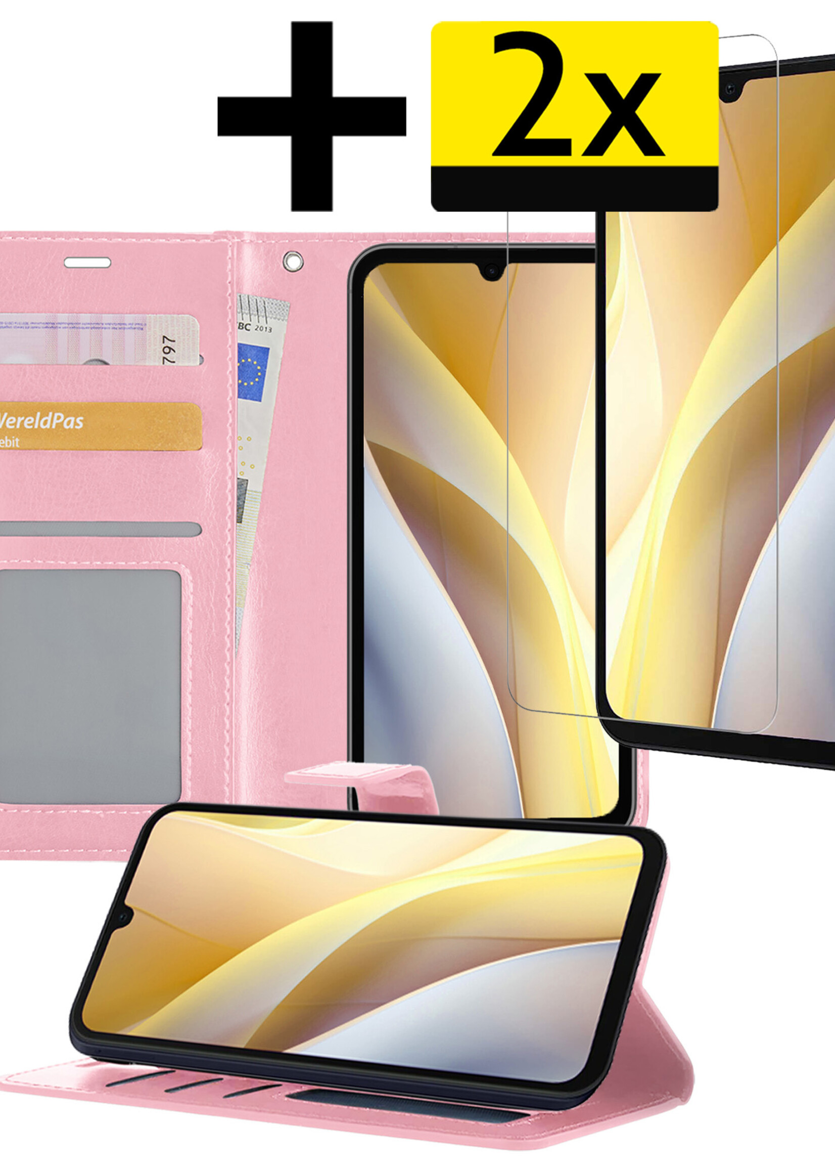 LUQ Hoesje Geschikt voor Samsung A15 Hoesje Book Case Hoes Wallet Cover Met 2x Screenprotector - Hoes Geschikt voor Samsung Galaxy A15 Hoesje Bookcase Hoes - Lichtroze