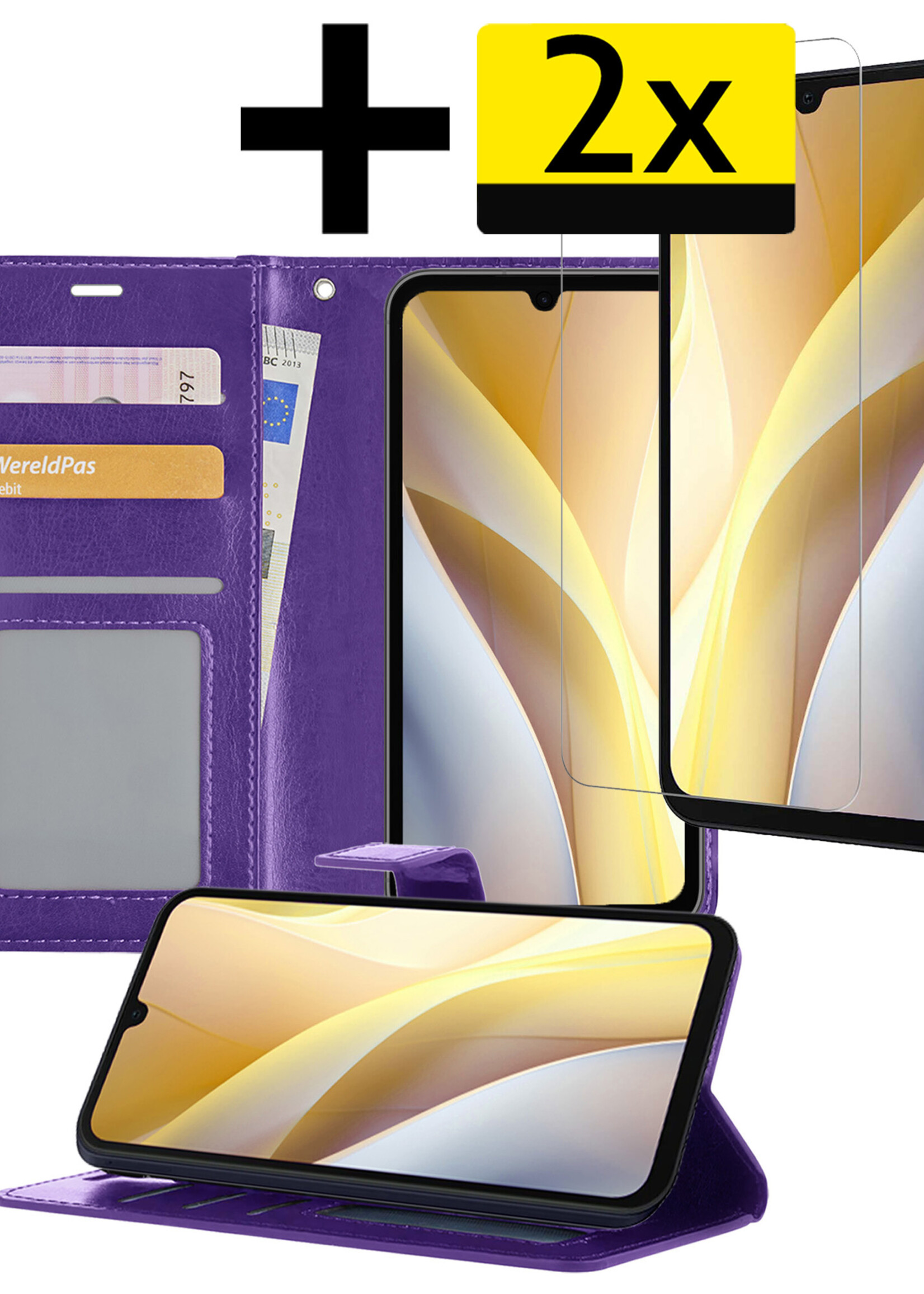 LUQ Hoesje Geschikt voor Samsung A15 Hoesje Book Case Hoes Wallet Cover Met 2x Screenprotector - Hoes Geschikt voor Samsung Galaxy A15 Hoesje Bookcase Hoes - Paars