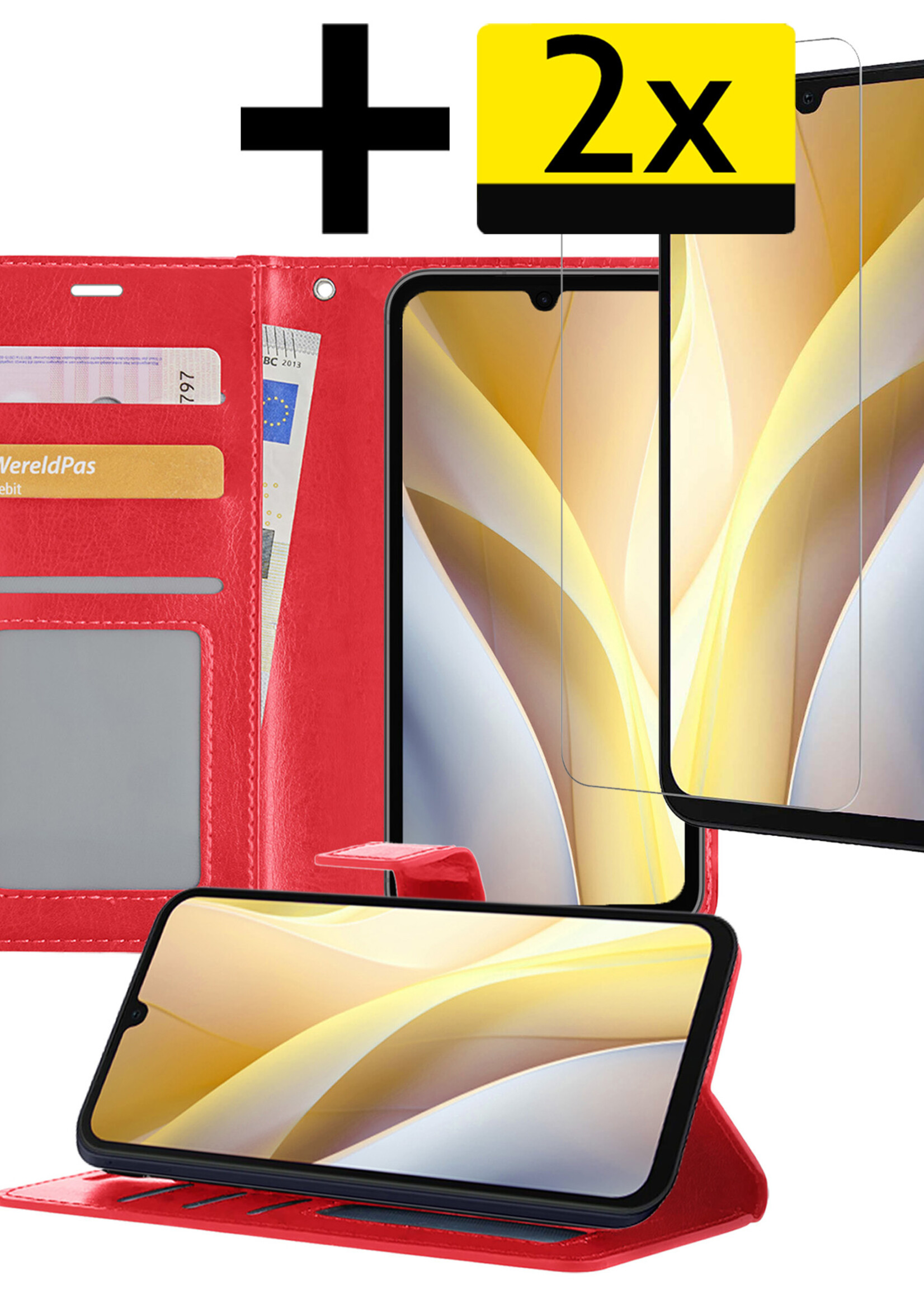 LUQ Hoesje Geschikt voor Samsung A15 Hoesje Book Case Hoes Wallet Cover Met 2x Screenprotector - Hoes Geschikt voor Samsung Galaxy A15 Hoesje Bookcase Hoes - Rood