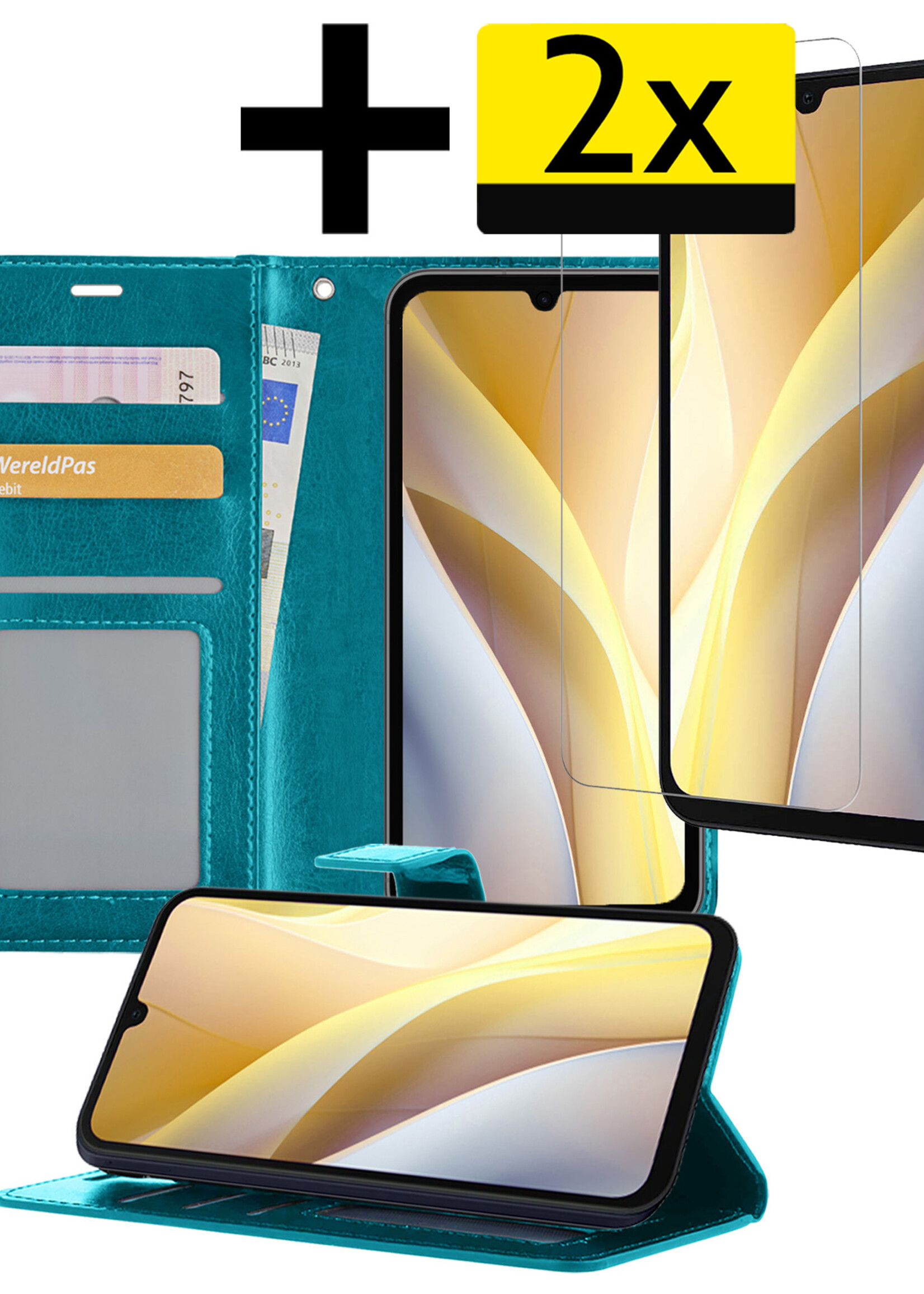 LUQ Hoesje Geschikt voor Samsung A15 Hoesje Book Case Hoes Wallet Cover Met 2x Screenprotector - Hoes Geschikt voor Samsung Galaxy A15 Hoesje Bookcase Hoes - Turquoise