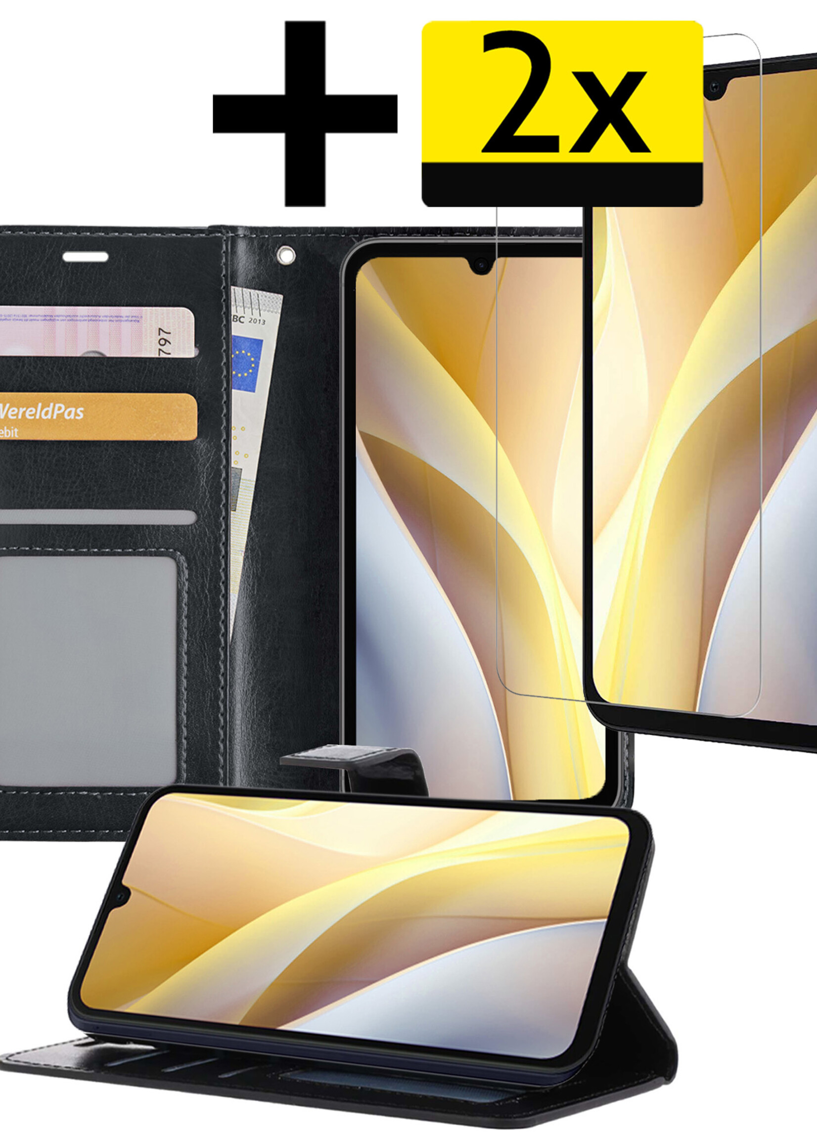 LUQ Hoesje Geschikt voor Samsung A15 Hoesje Book Case Hoes Wallet Cover Met 2x Screenprotector - Hoes Geschikt voor Samsung Galaxy A15 Hoesje Bookcase Hoes - Zwart