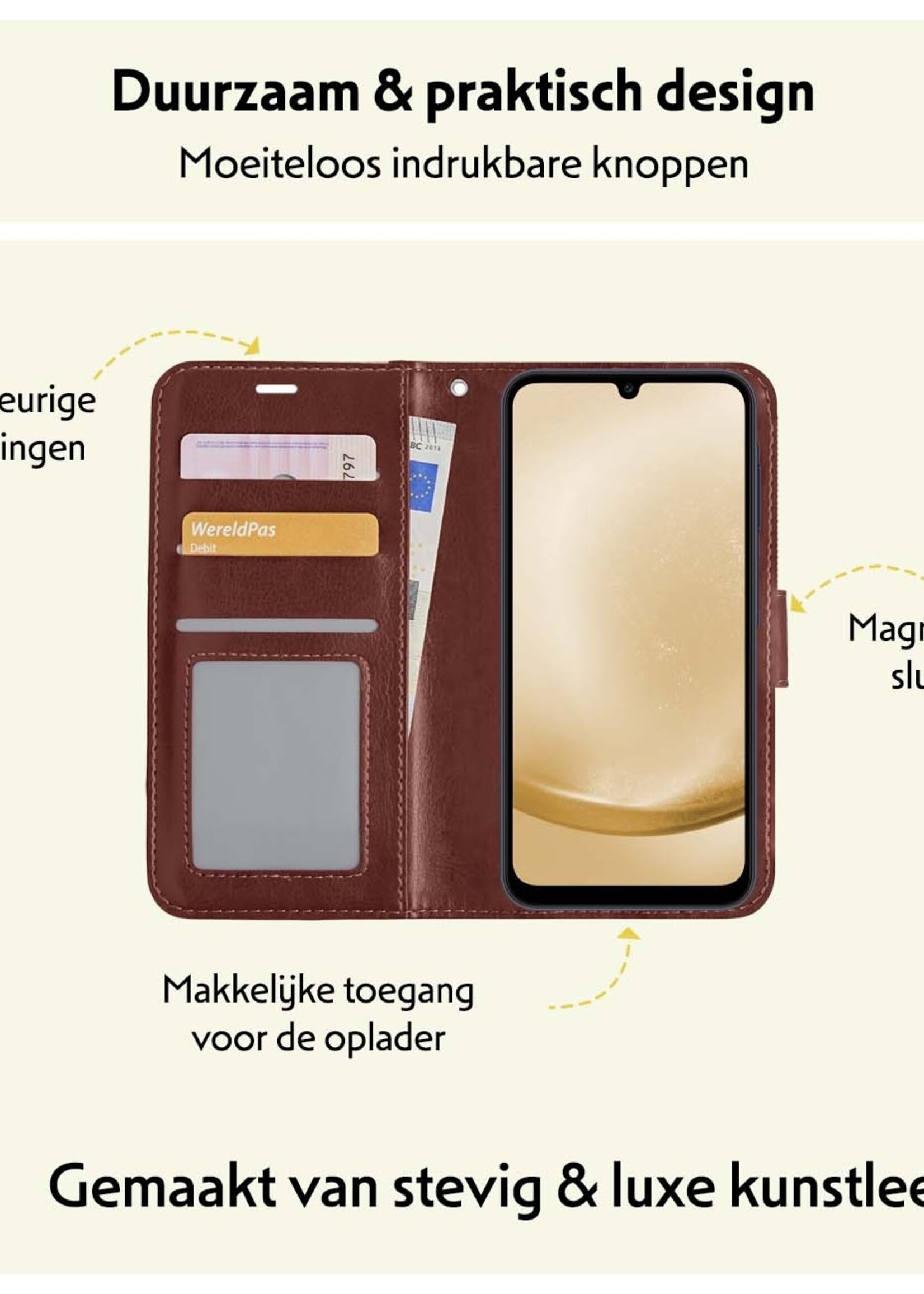 LUQ Hoesje Geschikt voor Samsung A25 Hoesje Book Case Hoes Wallet Cover Met Screenprotector - Hoes Geschikt voor Samsung Galaxy A25 Hoesje Bookcase Hoes - Bruin