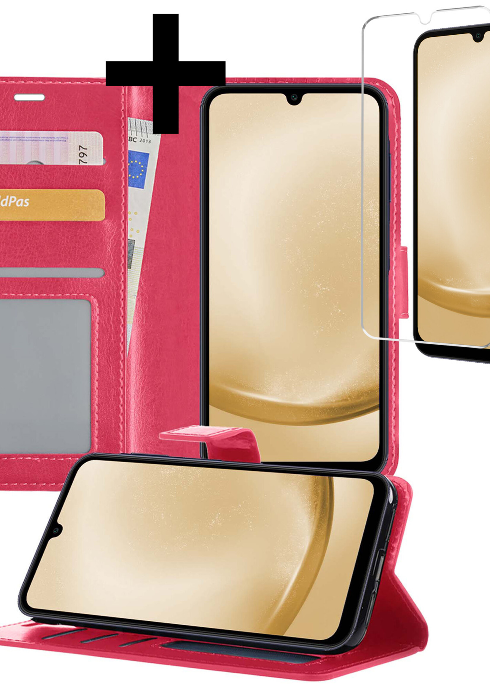 LUQ Hoesje Geschikt voor Samsung A25 Hoesje Book Case Hoes Wallet Cover Met Screenprotector - Hoes Geschikt voor Samsung Galaxy A25 Hoesje Bookcase Hoes - Donkerroze
