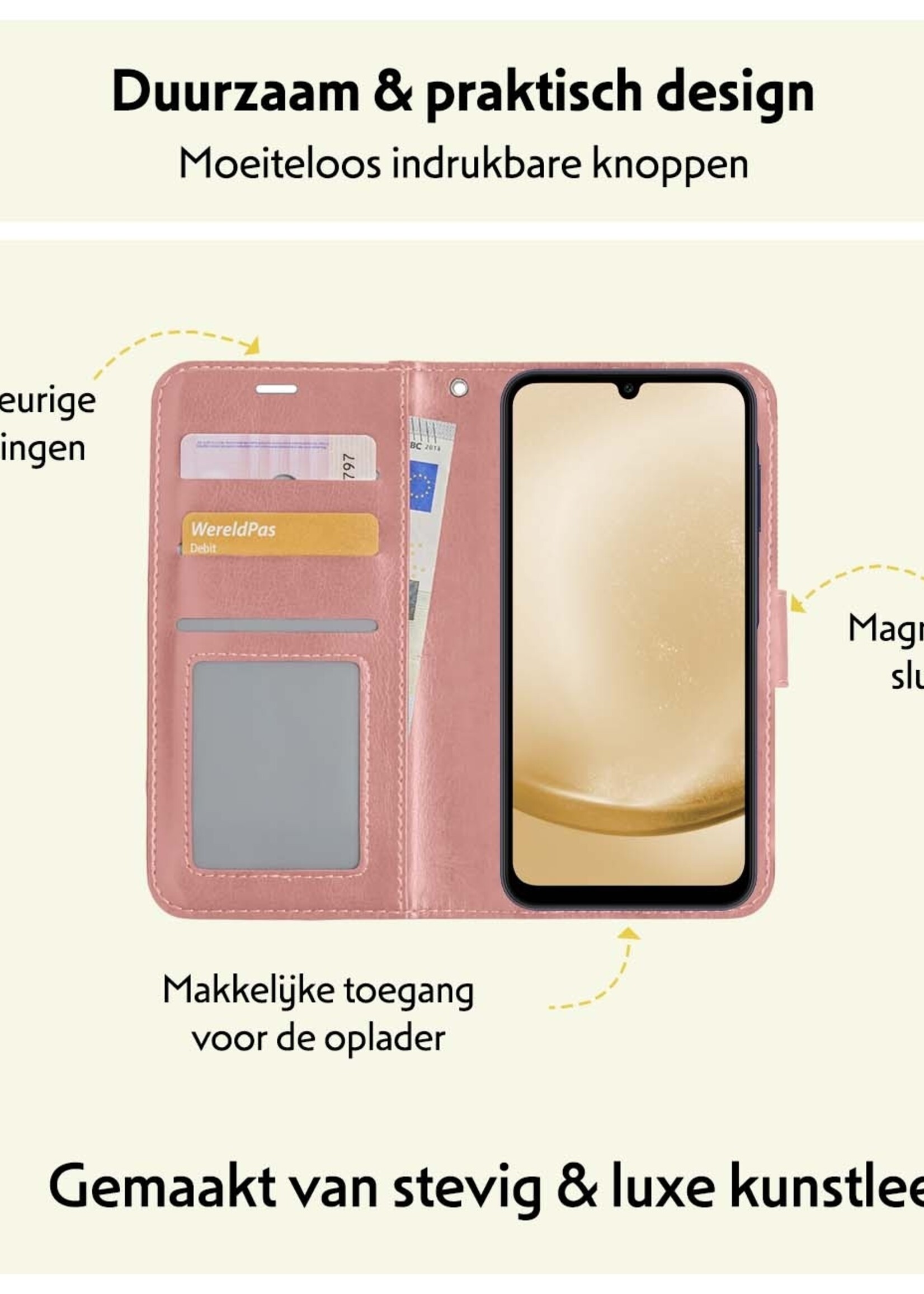 LUQ Hoesje Geschikt voor Samsung A25 Hoesje Book Case Hoes Wallet Cover Met Screenprotector - Hoes Geschikt voor Samsung Galaxy A25 Hoesje Bookcase Hoes - Rosé goud