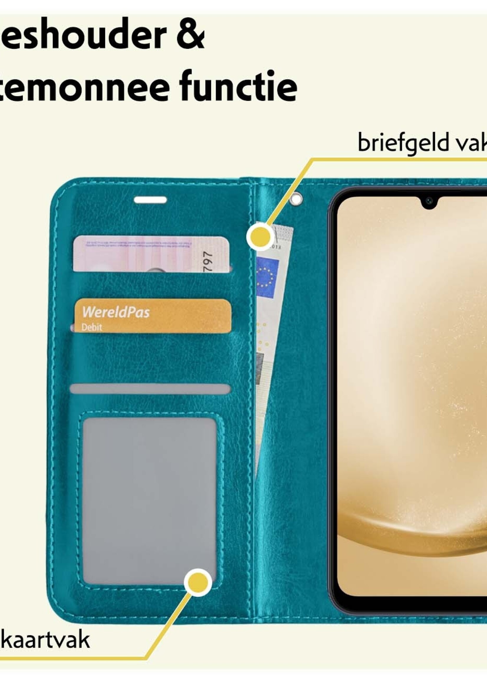 LUQ Hoesje Geschikt voor Samsung A25 Hoesje Book Case Hoes Wallet Cover Met Screenprotector - Hoes Geschikt voor Samsung Galaxy A25 Hoesje Bookcase Hoes - Turquoise