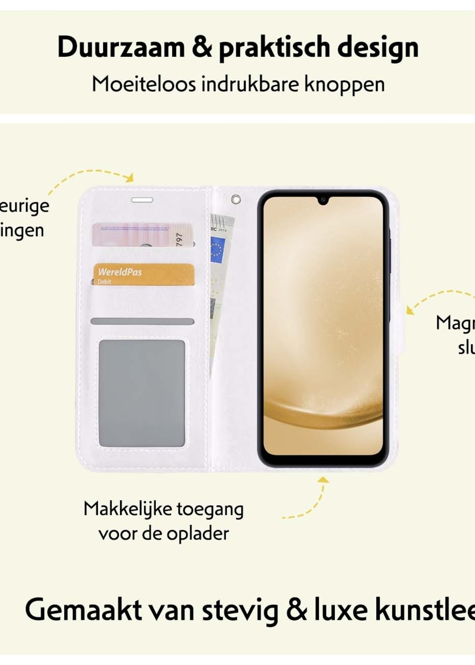 LUQ Hoesje Geschikt voor Samsung A25 Hoesje Book Case Hoes Wallet Cover Met Screenprotector - Hoes Geschikt voor Samsung Galaxy A25 Hoesje Bookcase Hoes - Wit