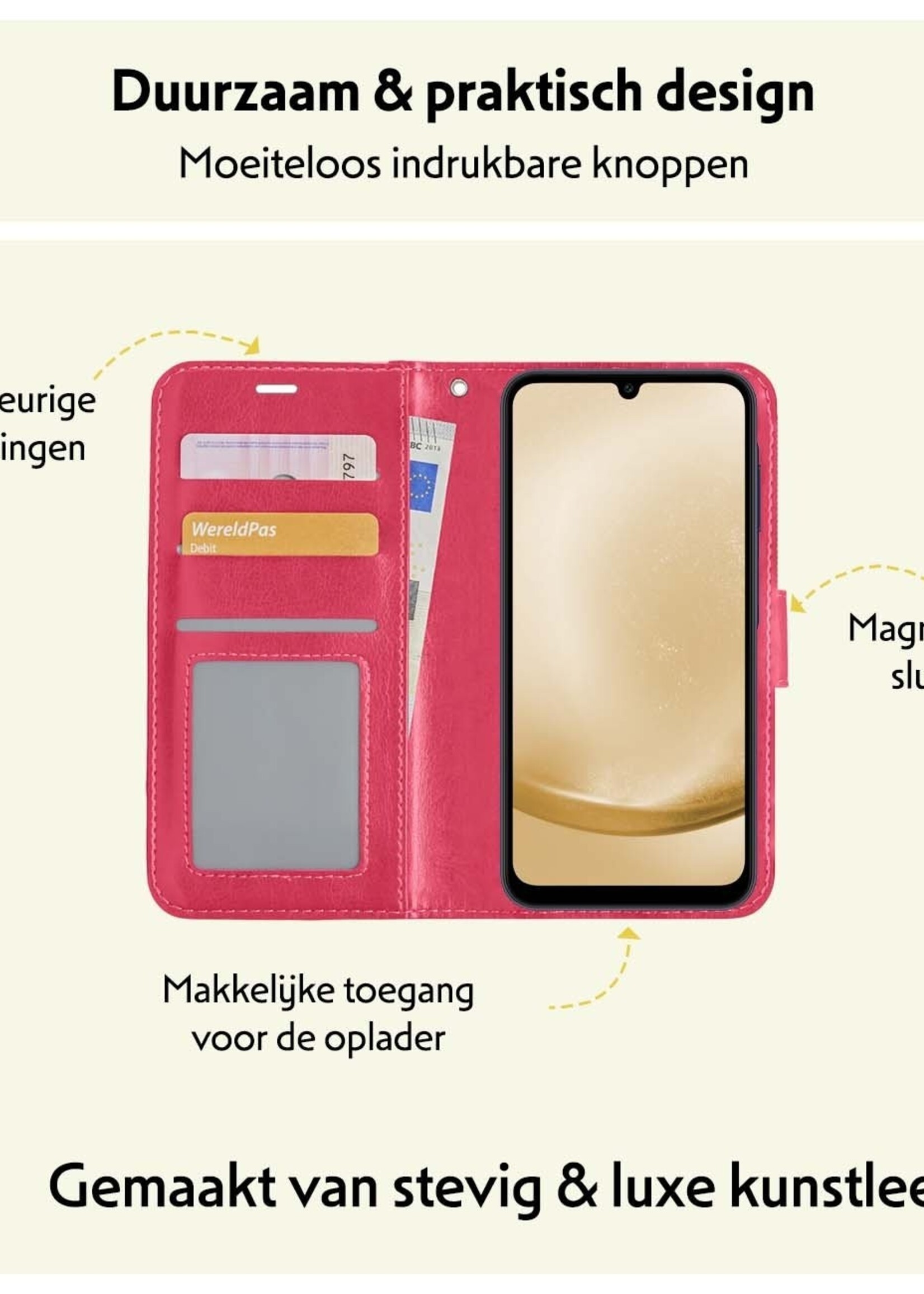 LUQ Hoesje Geschikt voor Samsung A25 Hoesje Book Case Hoes Wallet Cover Met 2x Screenprotector - Hoes Geschikt voor Samsung Galaxy A25 Hoesje Bookcase Hoes - Donkerroze