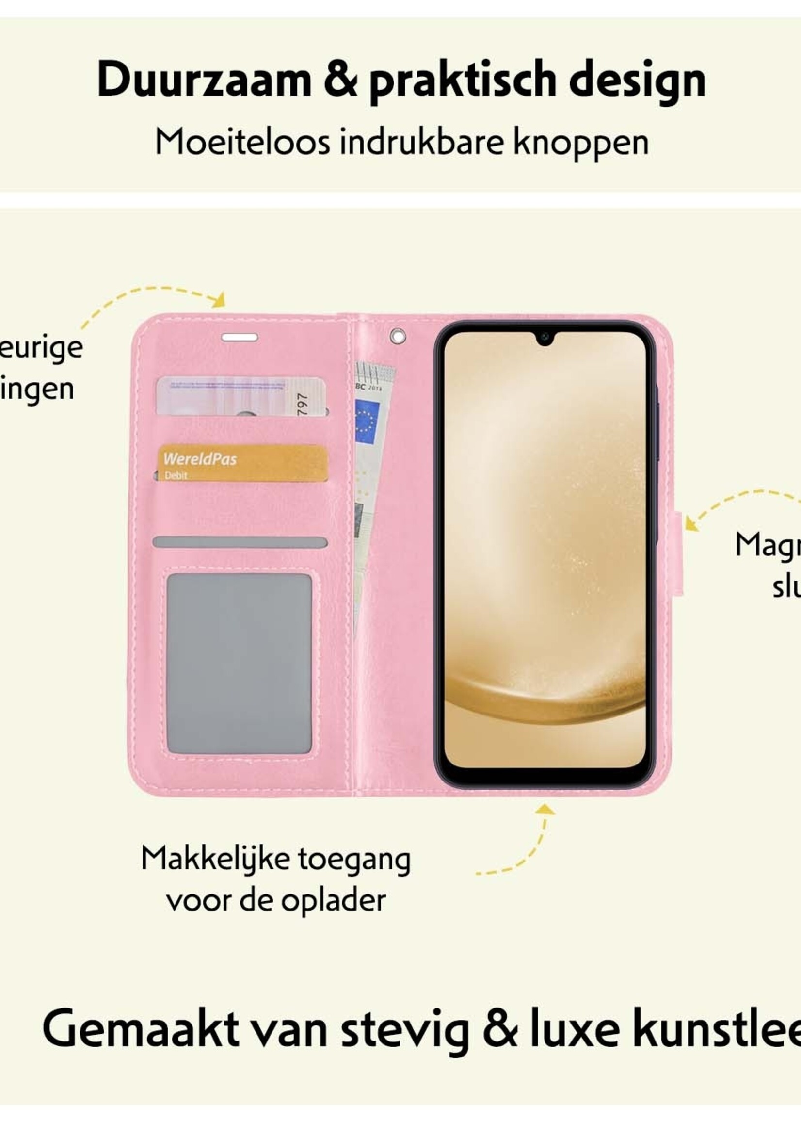 LUQ Hoesje Geschikt voor Samsung A25 Hoesje Book Case Hoes Wallet Cover Met 2x Screenprotector - Hoes Geschikt voor Samsung Galaxy A25 Hoesje Bookcase Hoes - Lichtroze