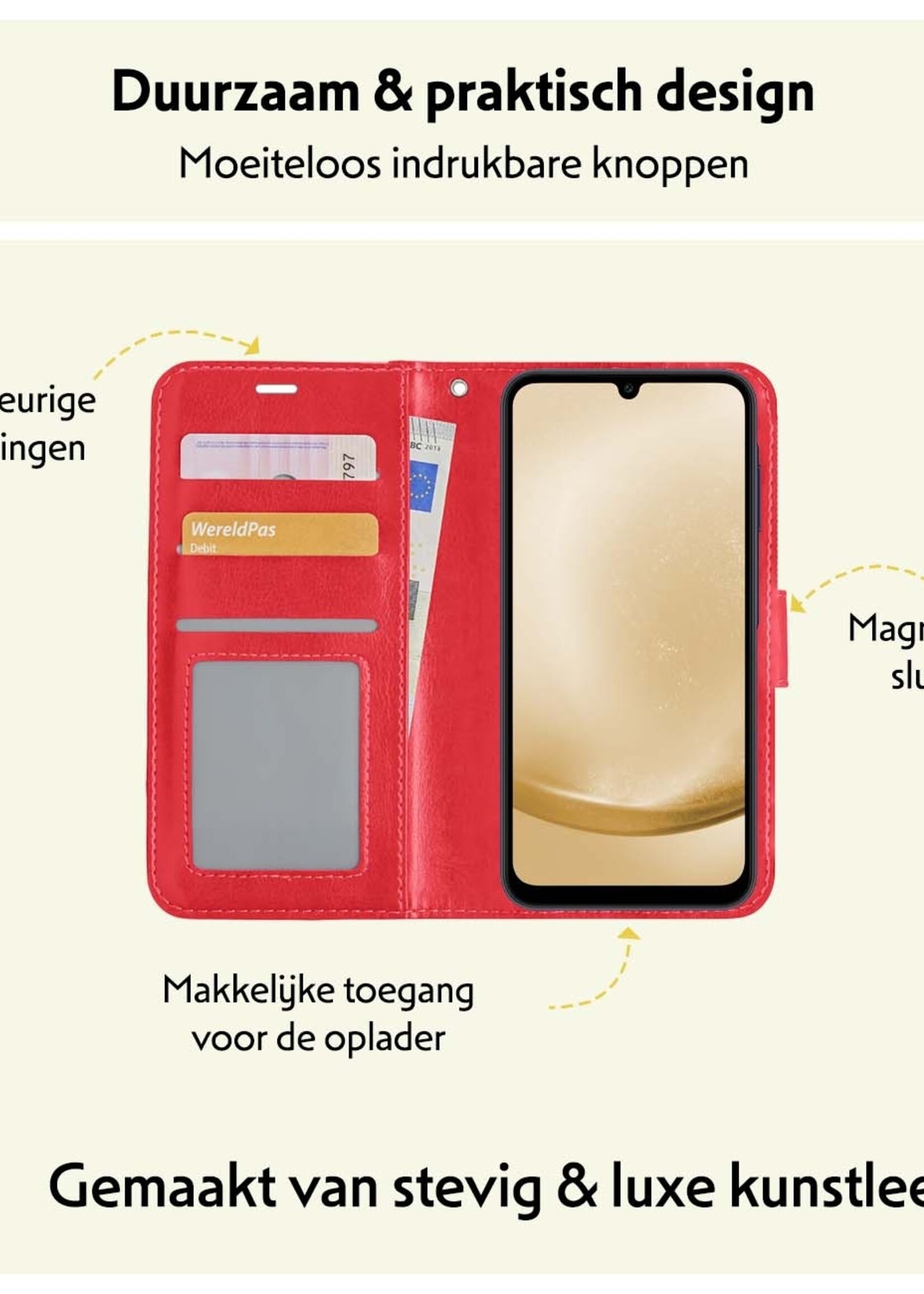 LUQ Hoesje Geschikt voor Samsung A25 Hoesje Book Case Hoes Wallet Cover Met 2x Screenprotector - Hoes Geschikt voor Samsung Galaxy A25 Hoesje Bookcase Hoes - Rood