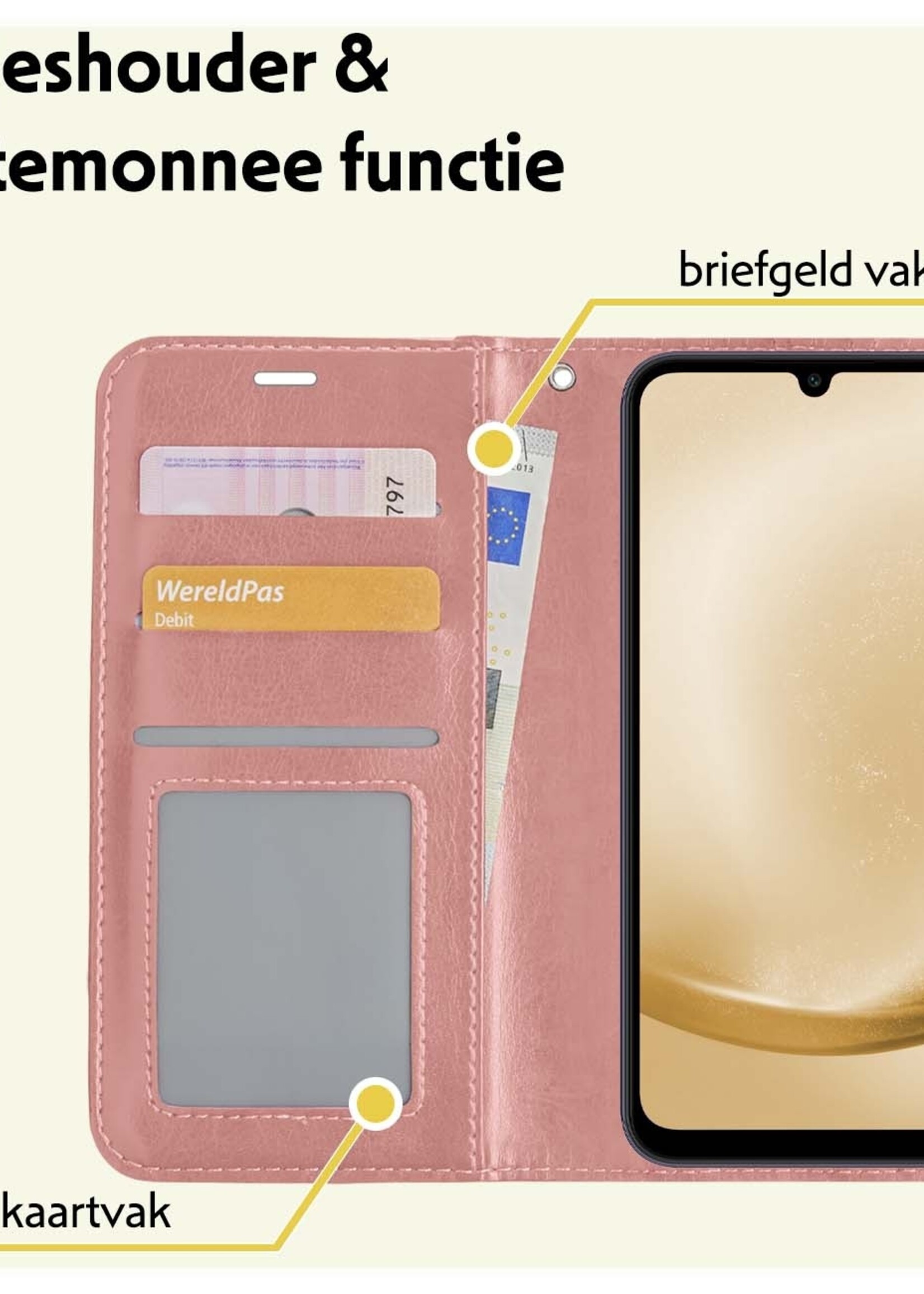 LUQ Hoesje Geschikt voor Samsung A25 Hoesje Book Case Hoes Wallet Cover Met 2x Screenprotector - Hoes Geschikt voor Samsung Galaxy A25 Hoesje Bookcase Hoes - Rosé goud
