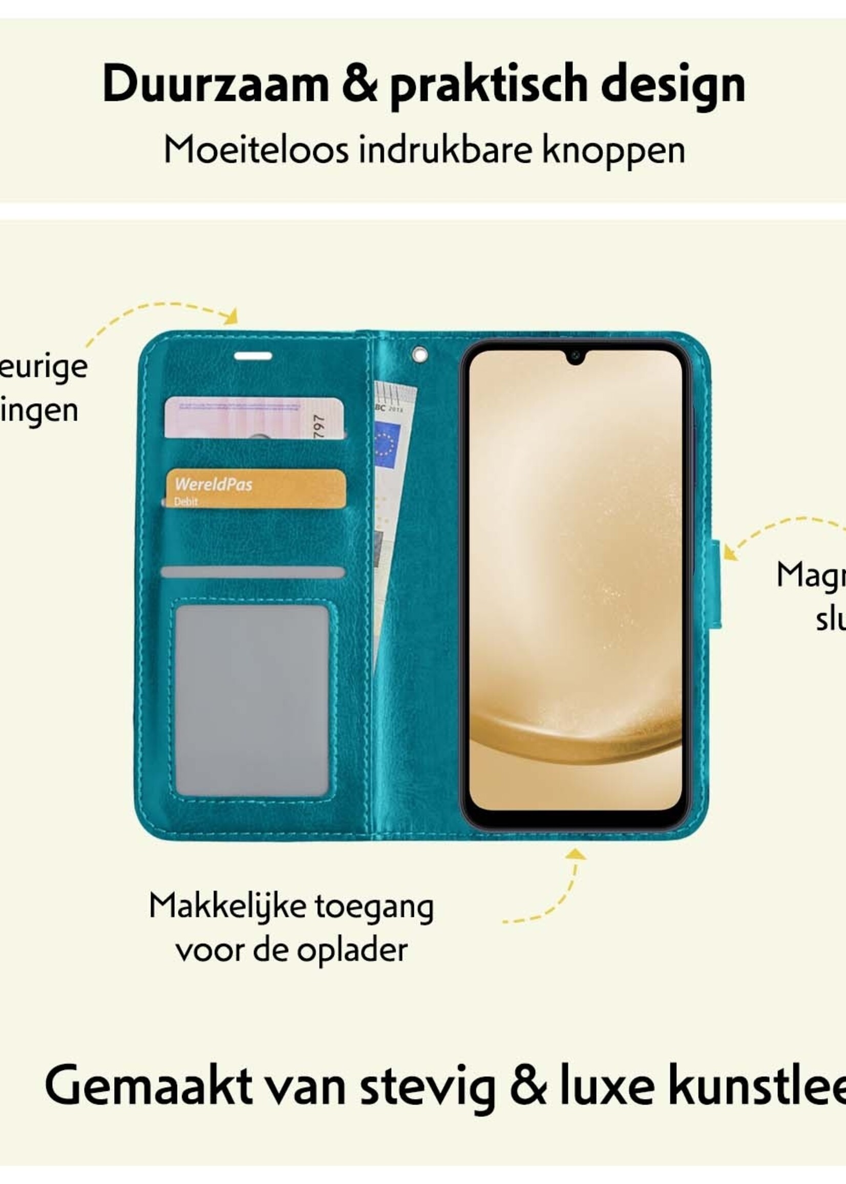 LUQ Hoesje Geschikt voor Samsung A25 Hoesje Book Case Hoes Wallet Cover Met 2x Screenprotector - Hoes Geschikt voor Samsung Galaxy A25 Hoesje Bookcase Hoes - Turquoise