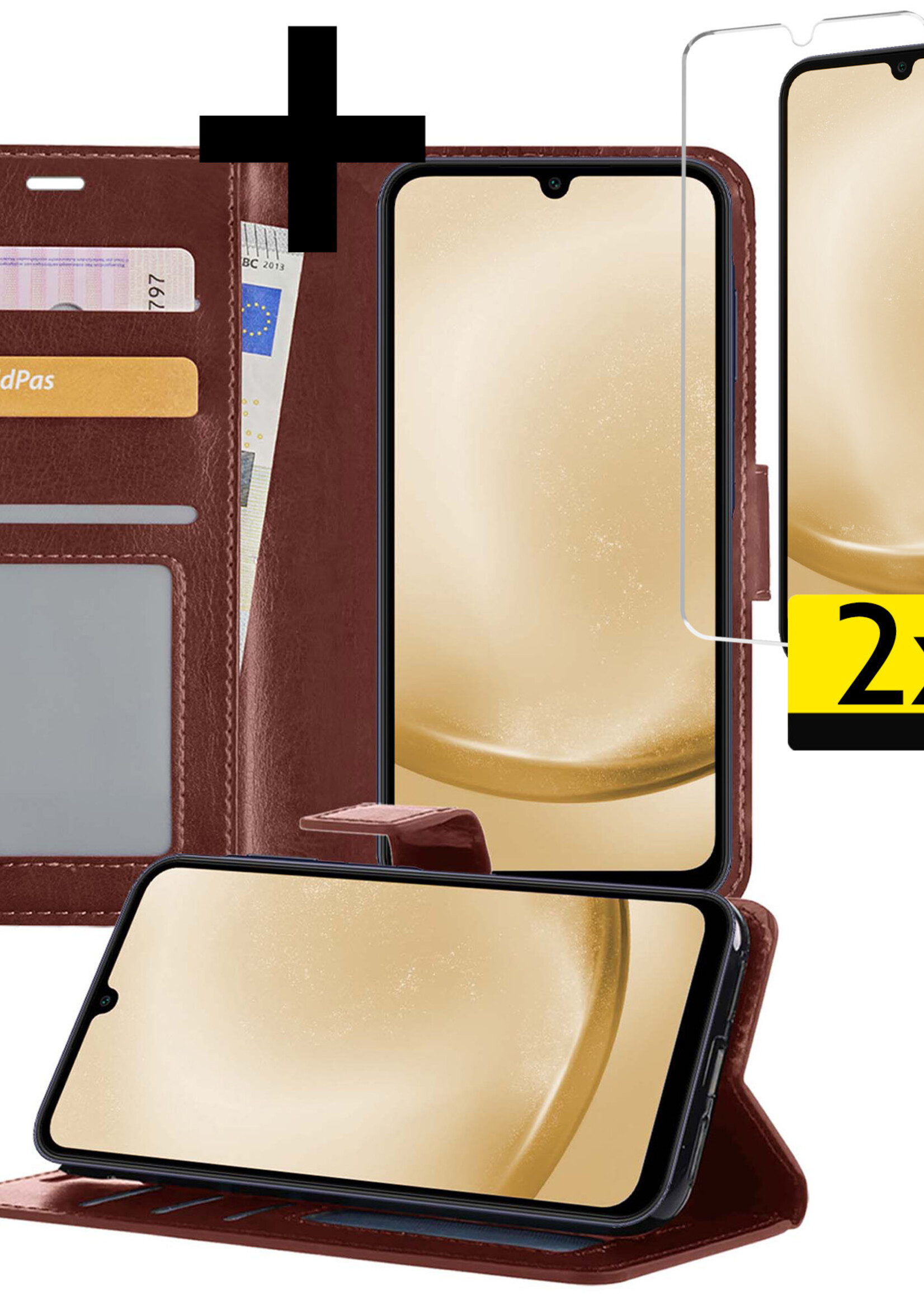 LUQ Hoesje Geschikt voor Samsung A25 Hoesje Book Case Hoes Wallet Cover Met 2x Screenprotector - Hoes Geschikt voor Samsung Galaxy A25 Hoesje Bookcase Hoes - Bruin