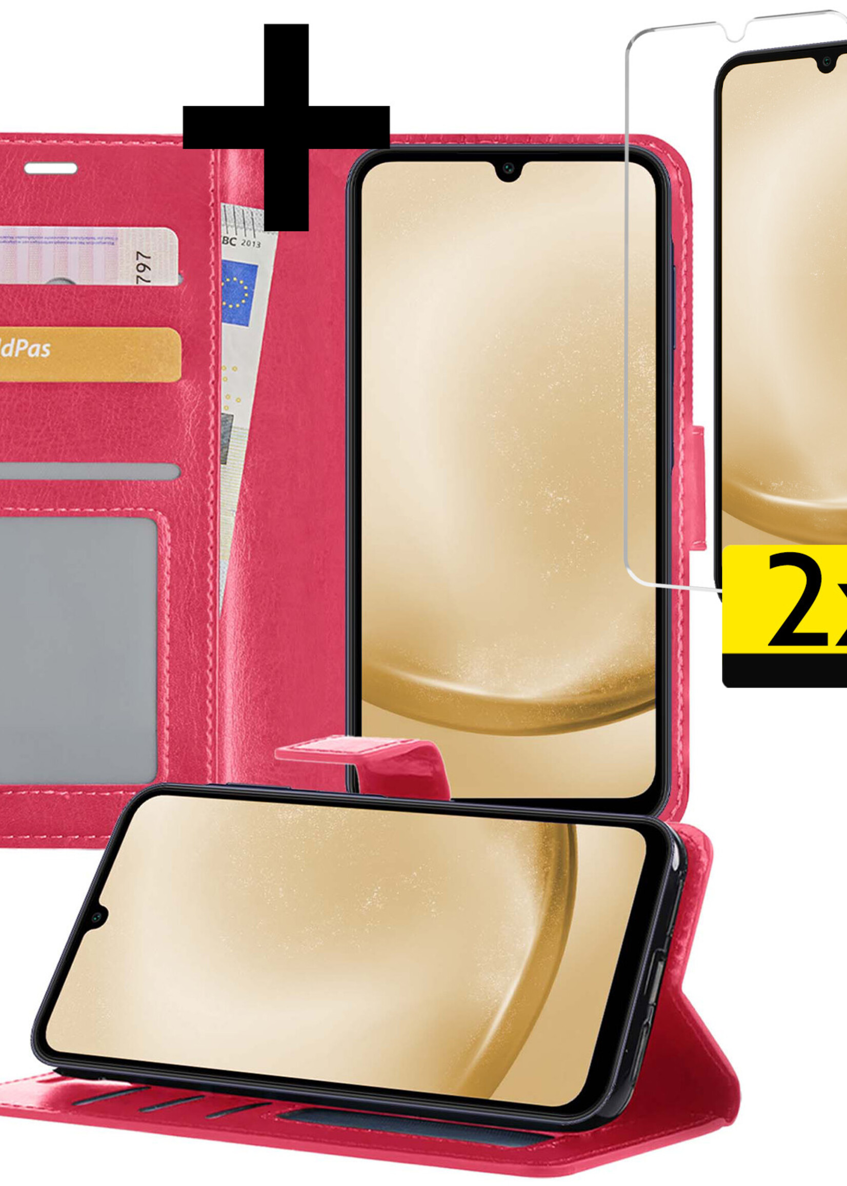LUQ Hoesje Geschikt voor Samsung A25 Hoesje Book Case Hoes Wallet Cover Met 2x Screenprotector - Hoes Geschikt voor Samsung Galaxy A25 Hoesje Bookcase Hoes - Donkerroze