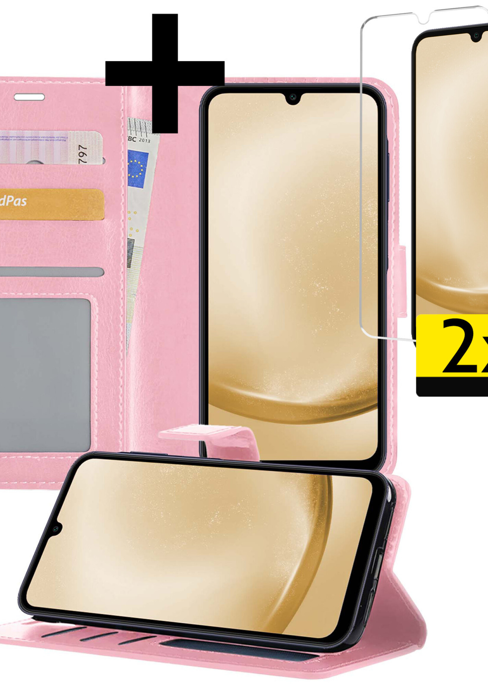 LUQ Hoesje Geschikt voor Samsung A25 Hoesje Book Case Hoes Wallet Cover Met 2x Screenprotector - Hoes Geschikt voor Samsung Galaxy A25 Hoesje Bookcase Hoes - Lichtroze