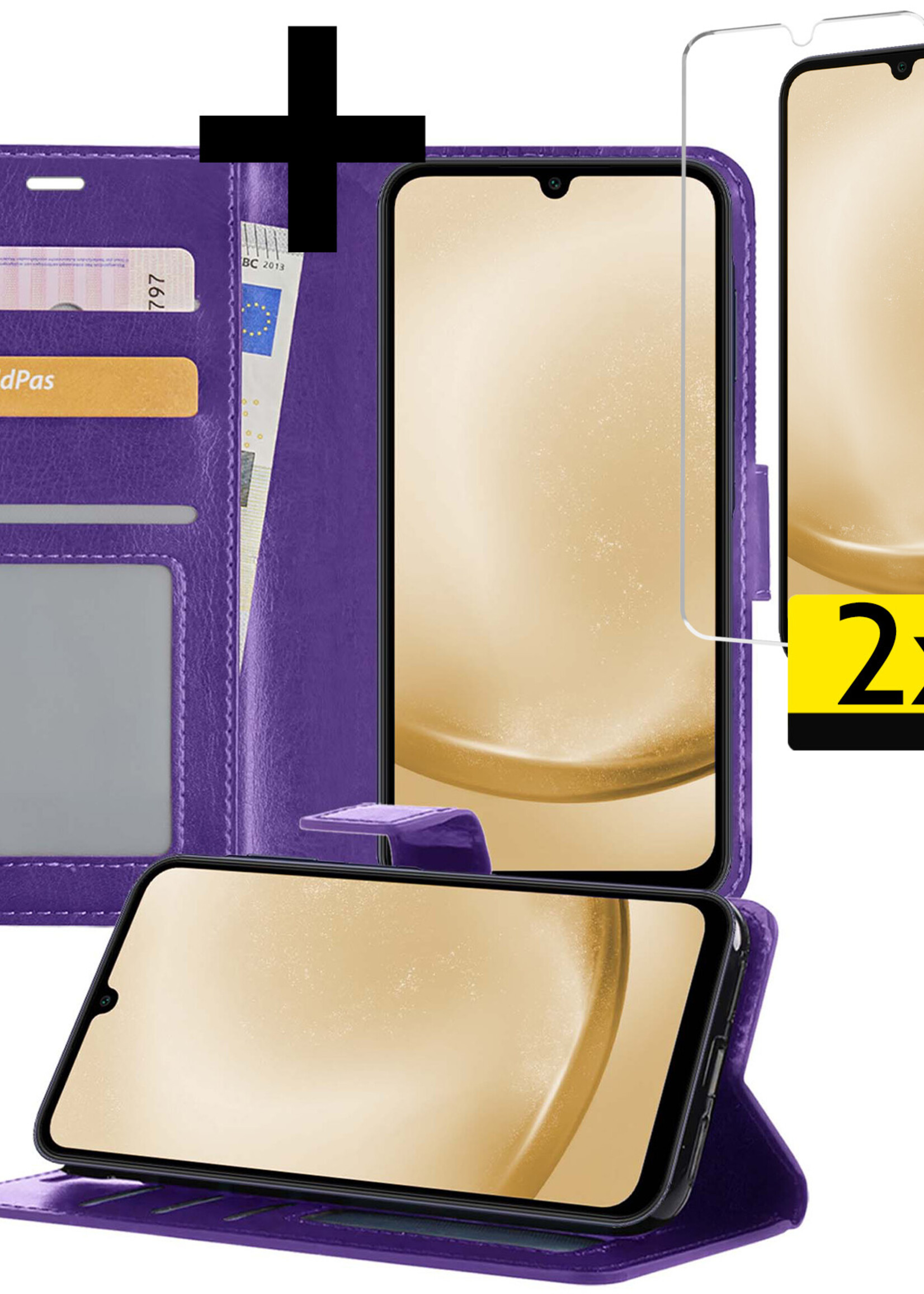 LUQ Hoesje Geschikt voor Samsung A25 Hoesje Book Case Hoes Wallet Cover Met 2x Screenprotector - Hoes Geschikt voor Samsung Galaxy A25 Hoesje Bookcase Hoes - Paars