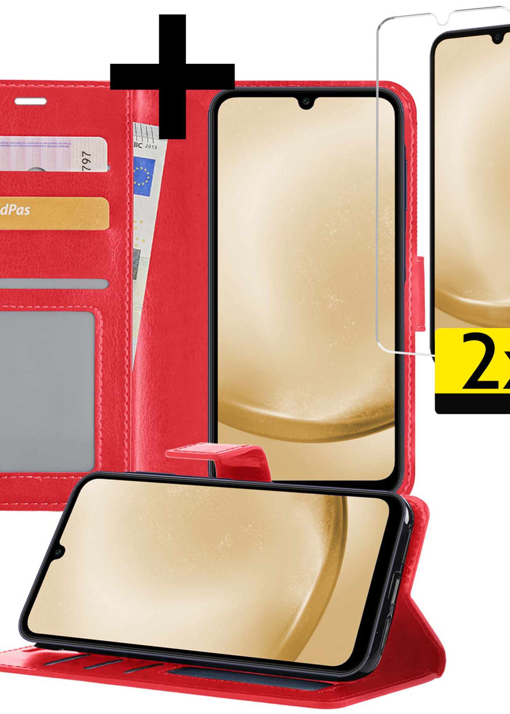 LUQ Hoesje Geschikt voor Samsung A25 Hoesje Book Case Hoes Wallet Cover Met 2x Screenprotector - Hoes Geschikt voor Samsung Galaxy A25 Hoesje Bookcase Hoes - Rood
