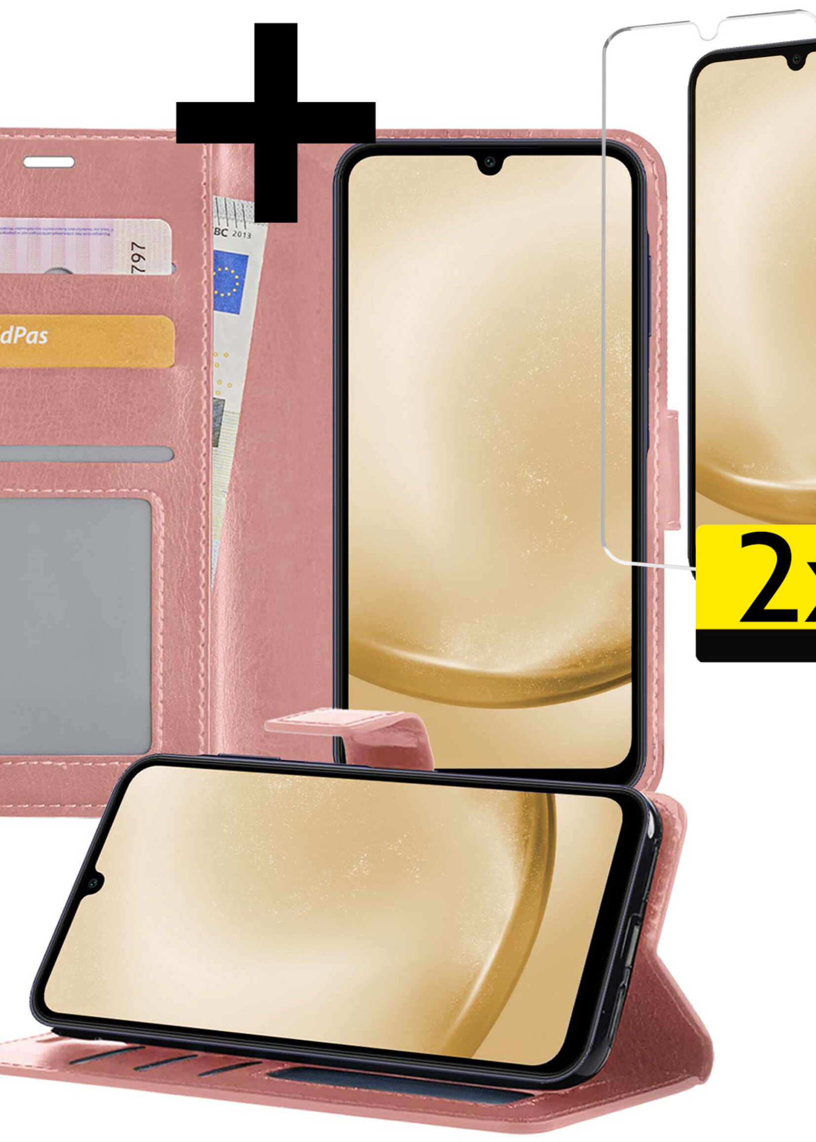 LUQ Hoesje Geschikt voor Samsung A25 Hoesje Book Case Hoes Wallet Cover Met 2x Screenprotector - Hoes Geschikt voor Samsung Galaxy A25 Hoesje Bookcase Hoes - Rosé goud