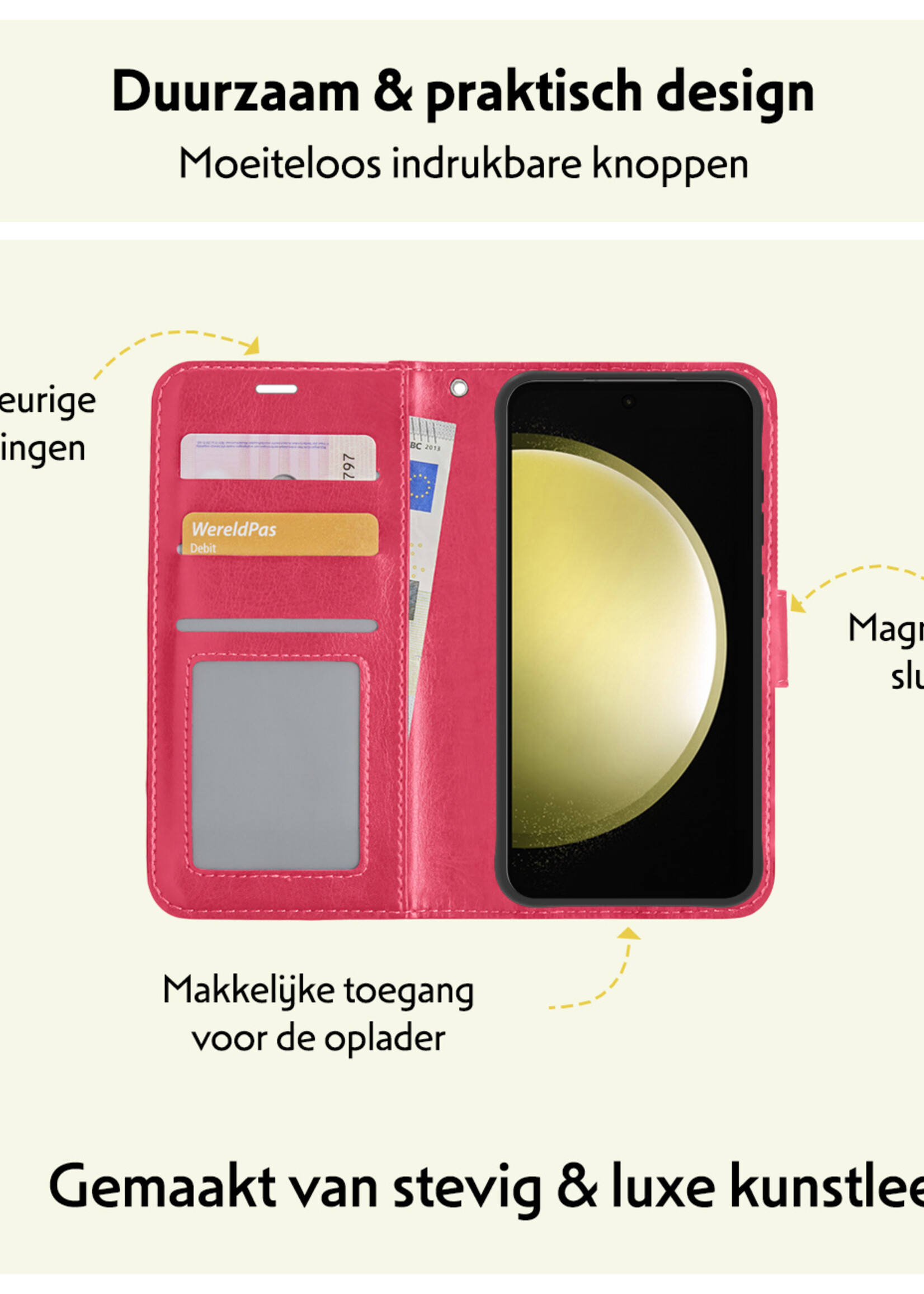 LUQ Hoesje Geschikt voor Samsung S23 FE Hoesje Book Case Hoes Wallet Cover - Hoes Geschikt voor Samsung Galaxy S23 FE Hoesje Bookcase Hoes - Donkerroze