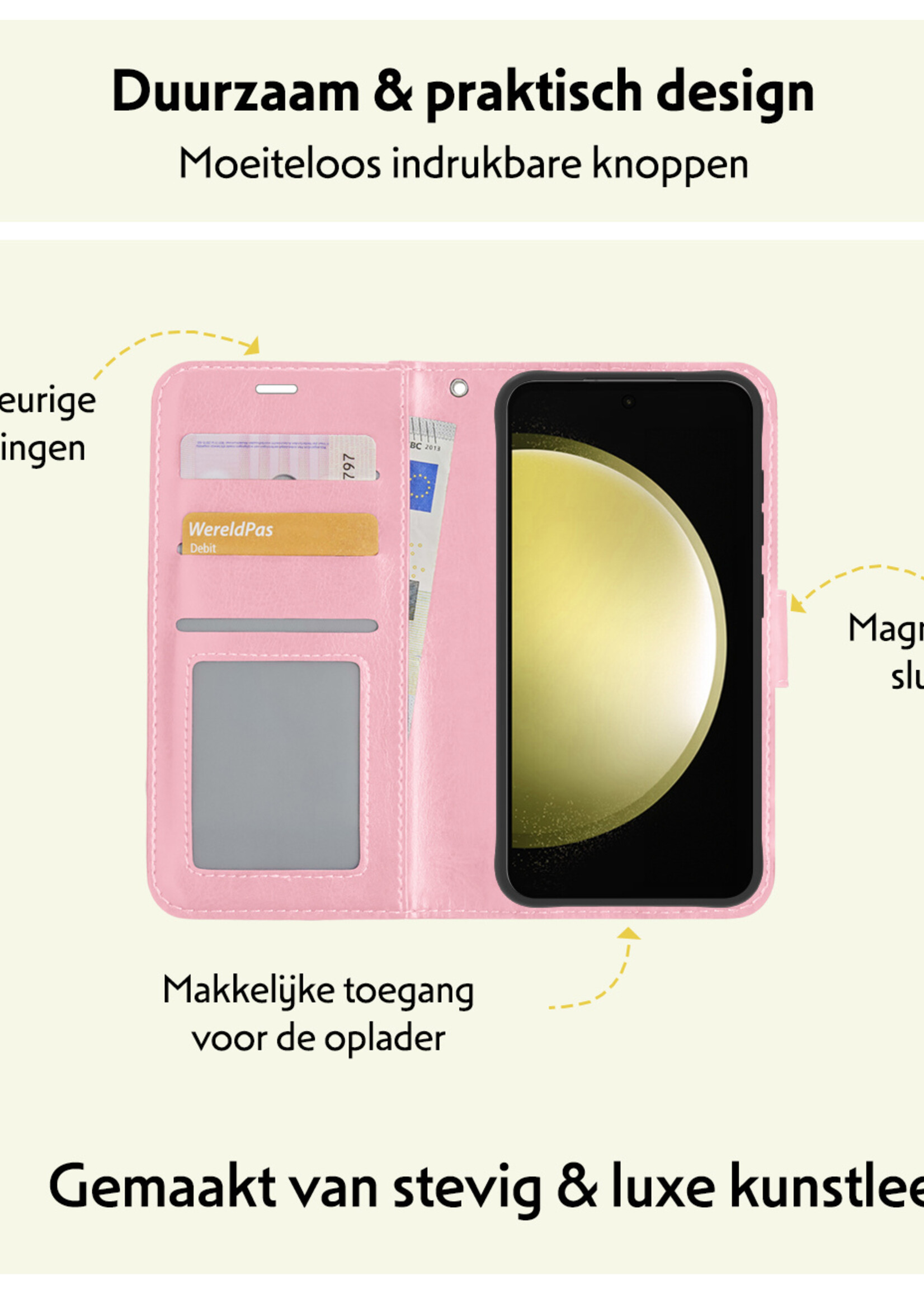 LUQ Hoesje Geschikt voor Samsung S23 FE Hoesje Book Case Hoes Wallet Cover Met Screenprotector - Hoes Geschikt voor Samsung Galaxy S23 FE Hoesje Bookcase Hoes - Lichtroze