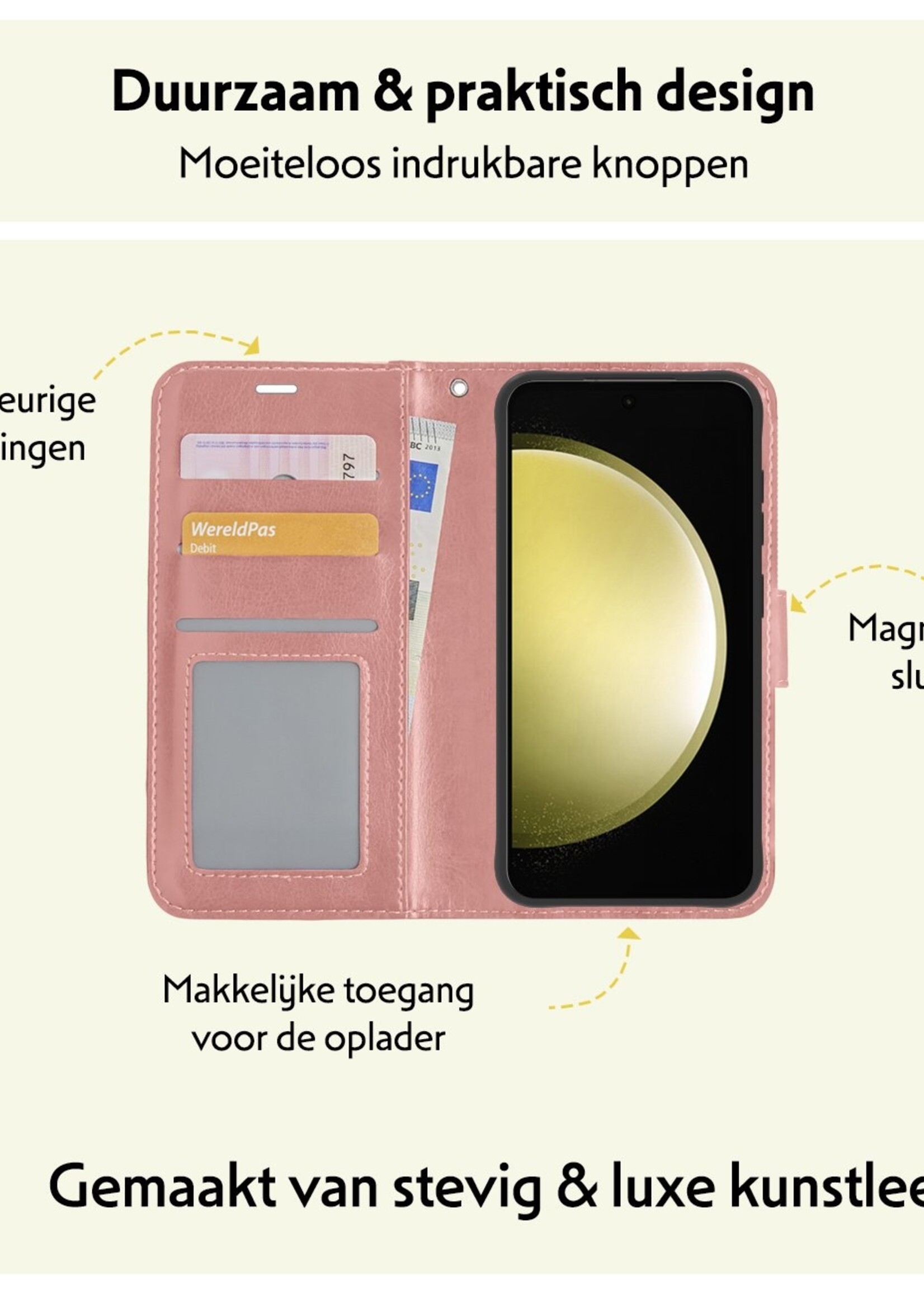 LUQ Hoesje Geschikt voor Samsung S23 FE Hoesje Book Case Hoes Wallet Cover Met Screenprotector - Hoes Geschikt voor Samsung Galaxy S23 FE Hoesje Bookcase Hoes - Rosé goud