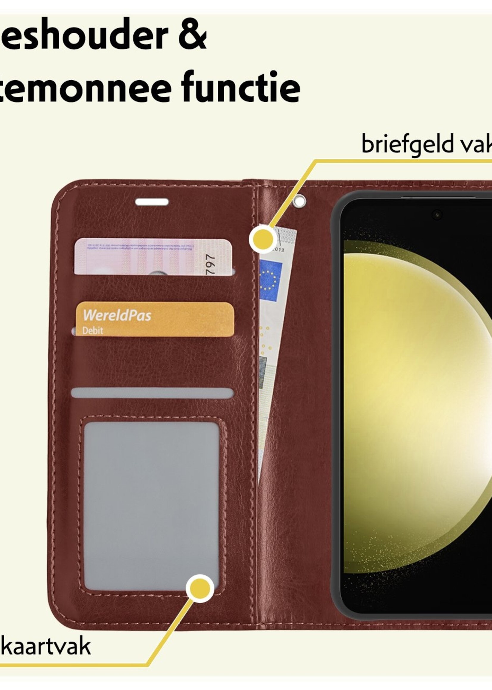 LUQ Hoesje Geschikt voor Samsung S23 FE Hoesje Book Case Hoes Wallet Cover Met 2x Screenprotector - Hoes Geschikt voor Samsung Galaxy S23 FE Hoesje Bookcase Hoes - Bruin