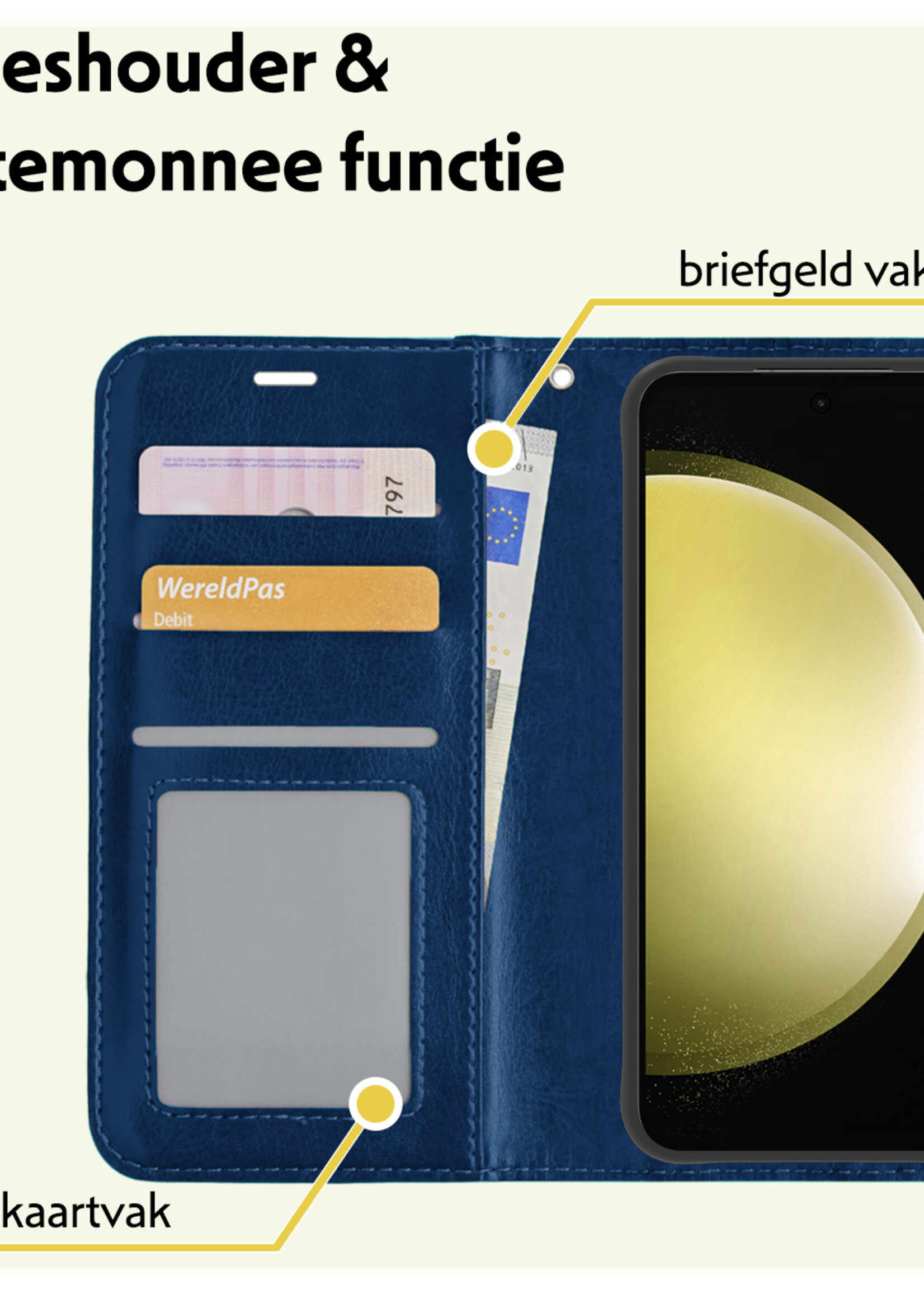 LUQ Hoesje Geschikt voor Samsung S23 FE Hoesje Book Case Hoes Wallet Cover Met 2x Screenprotector - Hoes Geschikt voor Samsung Galaxy S23 FE Hoesje Bookcase Hoes - Donkerblauw