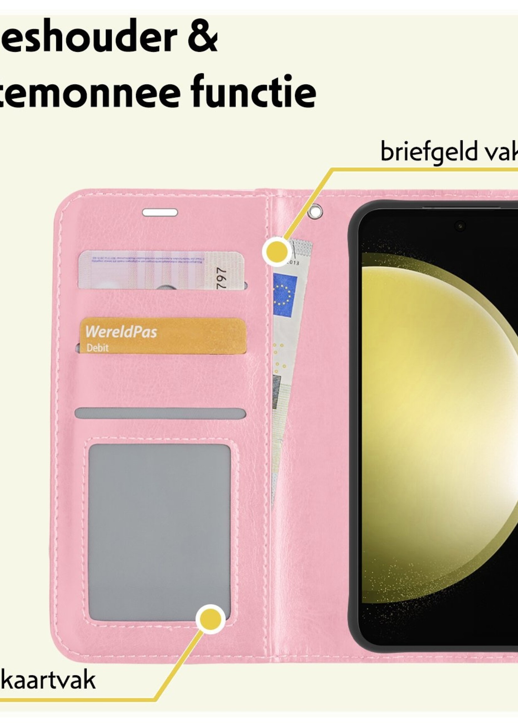 LUQ Hoesje Geschikt voor Samsung S23 FE Hoesje Book Case Hoes Wallet Cover Met 2x Screenprotector - Hoes Geschikt voor Samsung Galaxy S23 FE Hoesje Bookcase Hoes - Lichtroze