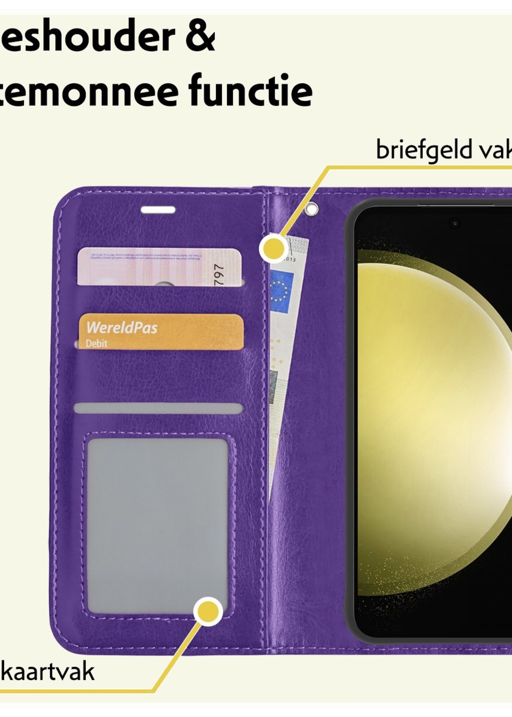 LUQ Hoesje Geschikt voor Samsung S23 FE Hoesje Book Case Hoes Wallet Cover Met 2x Screenprotector - Hoes Geschikt voor Samsung Galaxy S23 FE Hoesje Bookcase Hoes - Paars