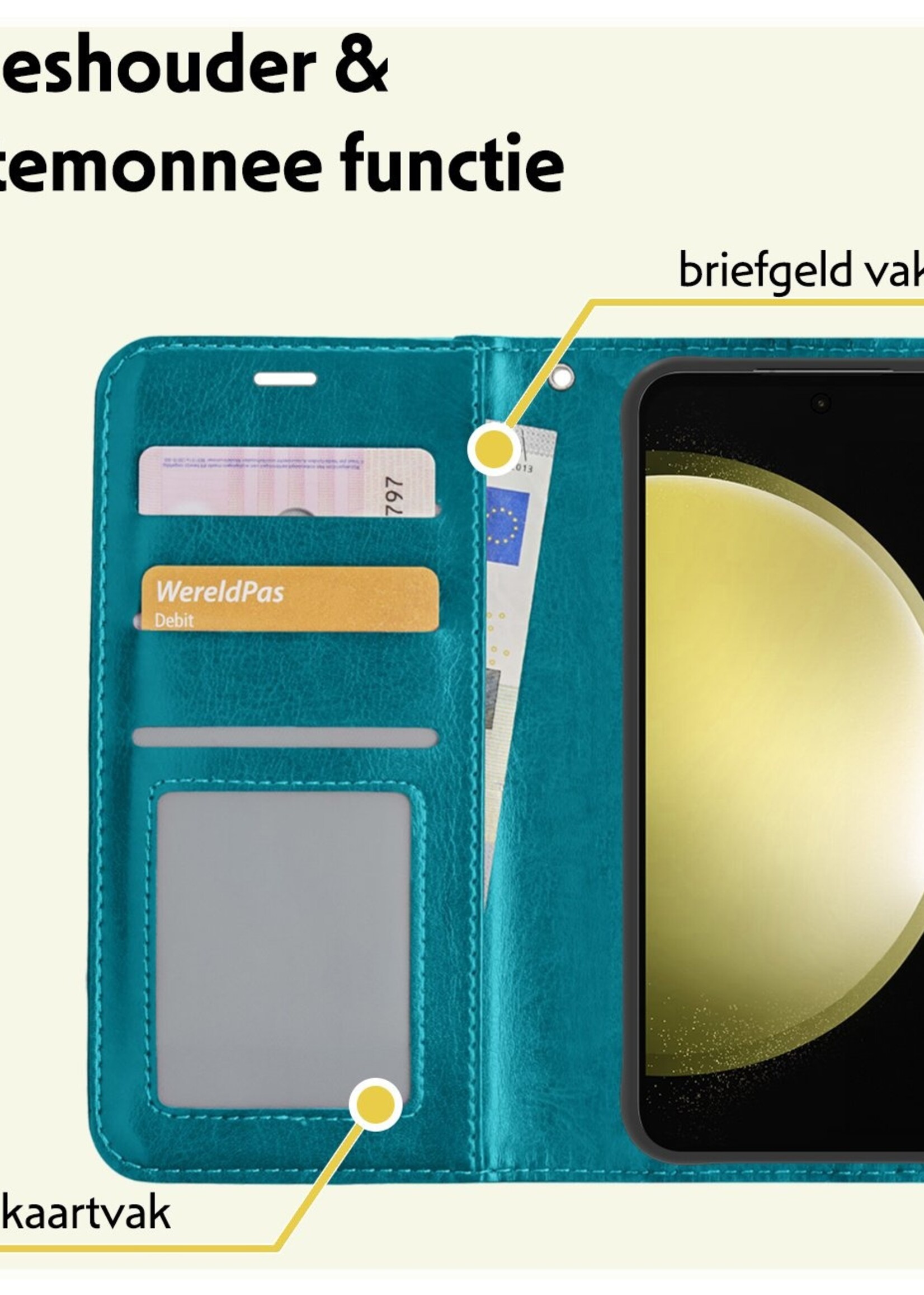 LUQ Hoesje Geschikt voor Samsung S23 FE Hoesje Book Case Hoes Wallet Cover Met 2x Screenprotector - Hoes Geschikt voor Samsung Galaxy S23 FE Hoesje Bookcase Hoes - Turquoise