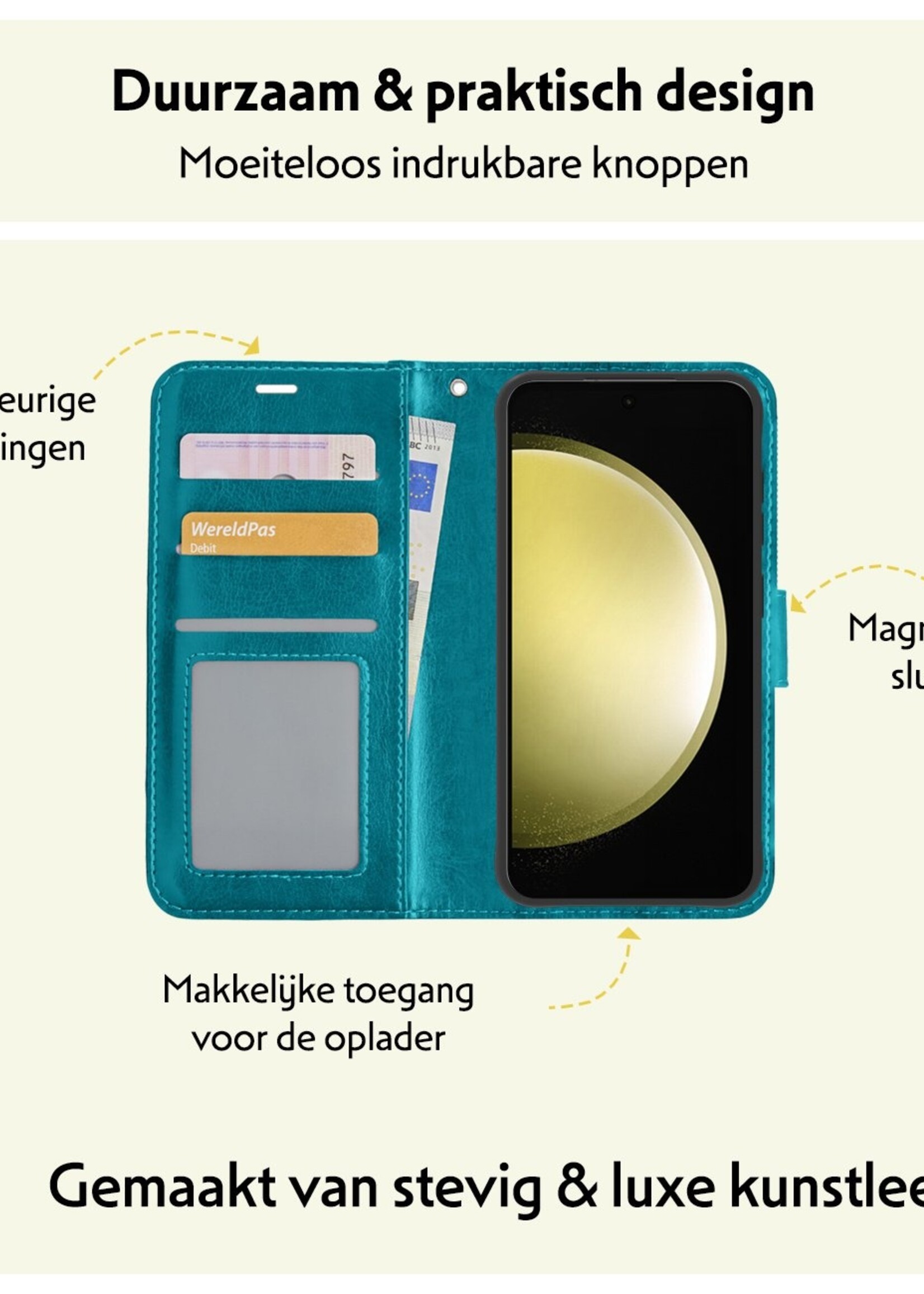 LUQ Hoesje Geschikt voor Samsung S23 FE Hoesje Book Case Hoes Wallet Cover Met 2x Screenprotector - Hoes Geschikt voor Samsung Galaxy S23 FE Hoesje Bookcase Hoes - Turquoise