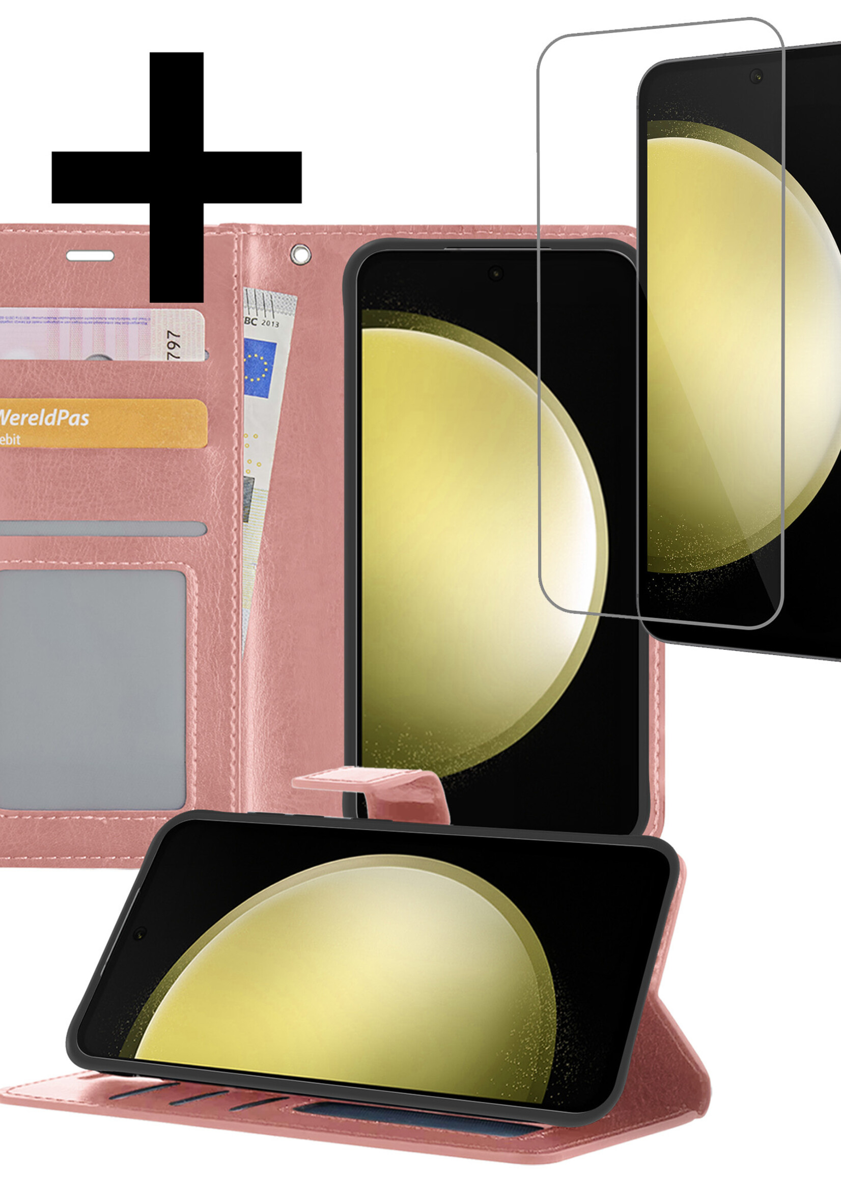 LUQ Hoesje Geschikt voor Samsung S23 FE Hoesje Book Case Hoes Wallet Cover Met Screenprotector - Hoes Geschikt voor Samsung Galaxy S23 FE Hoesje Bookcase Hoes - Rosé goud