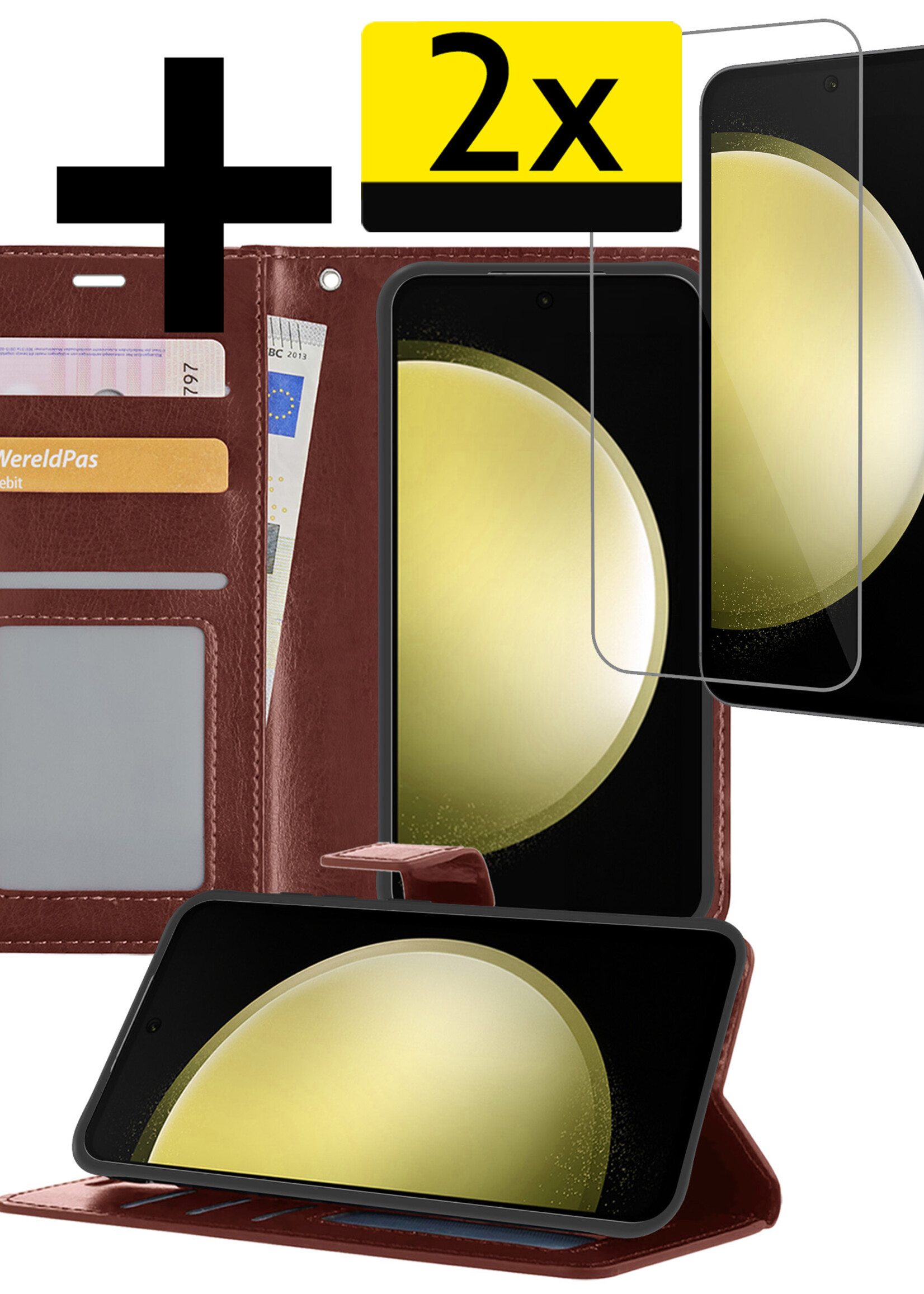 LUQ Hoesje Geschikt voor Samsung S23 FE Hoesje Book Case Hoes Wallet Cover Met 2x Screenprotector - Hoes Geschikt voor Samsung Galaxy S23 FE Hoesje Bookcase Hoes - Bruin