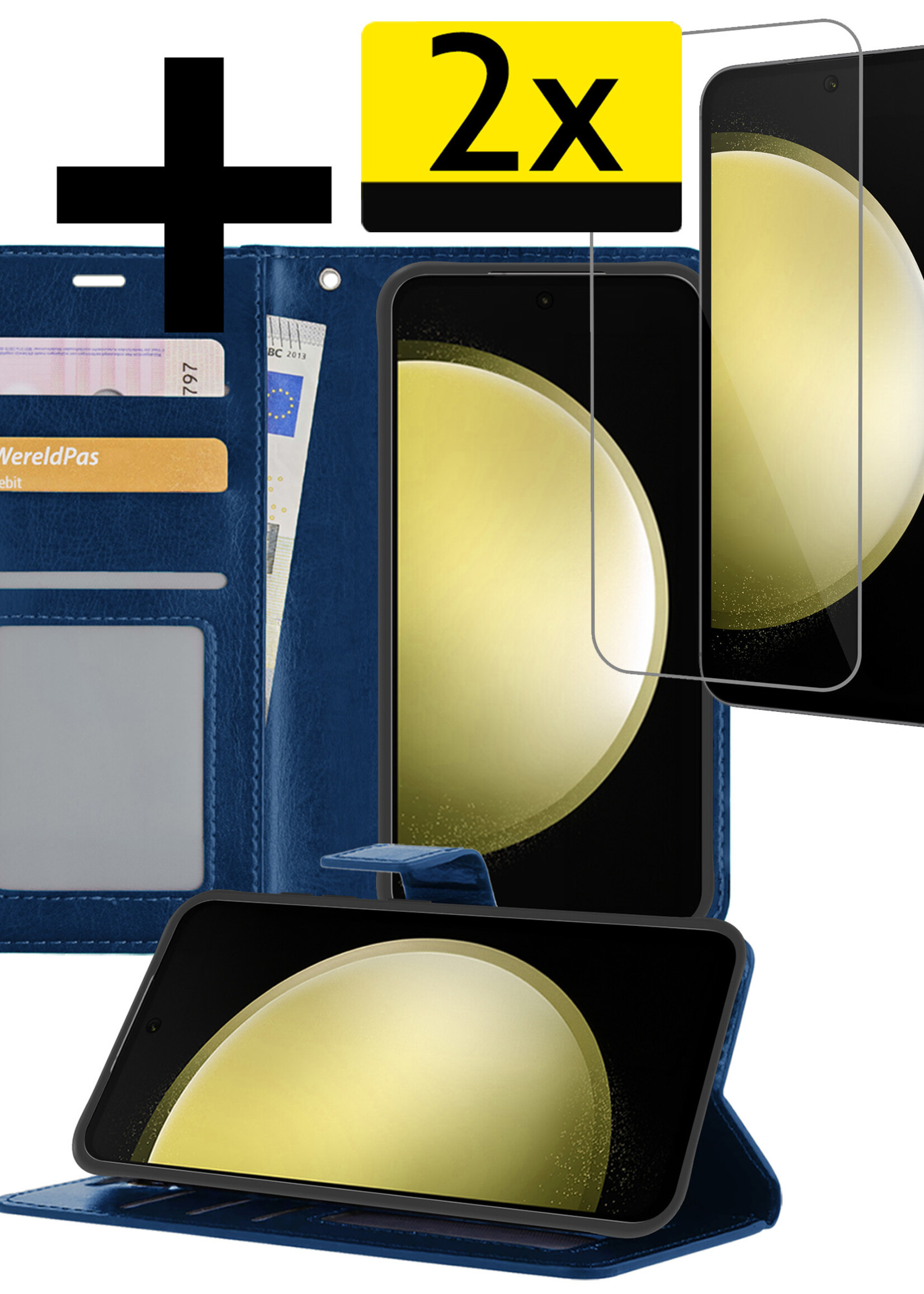 LUQ Hoesje Geschikt voor Samsung S23 FE Hoesje Book Case Hoes Wallet Cover Met 2x Screenprotector - Hoes Geschikt voor Samsung Galaxy S23 FE Hoesje Bookcase Hoes - Donkerblauw