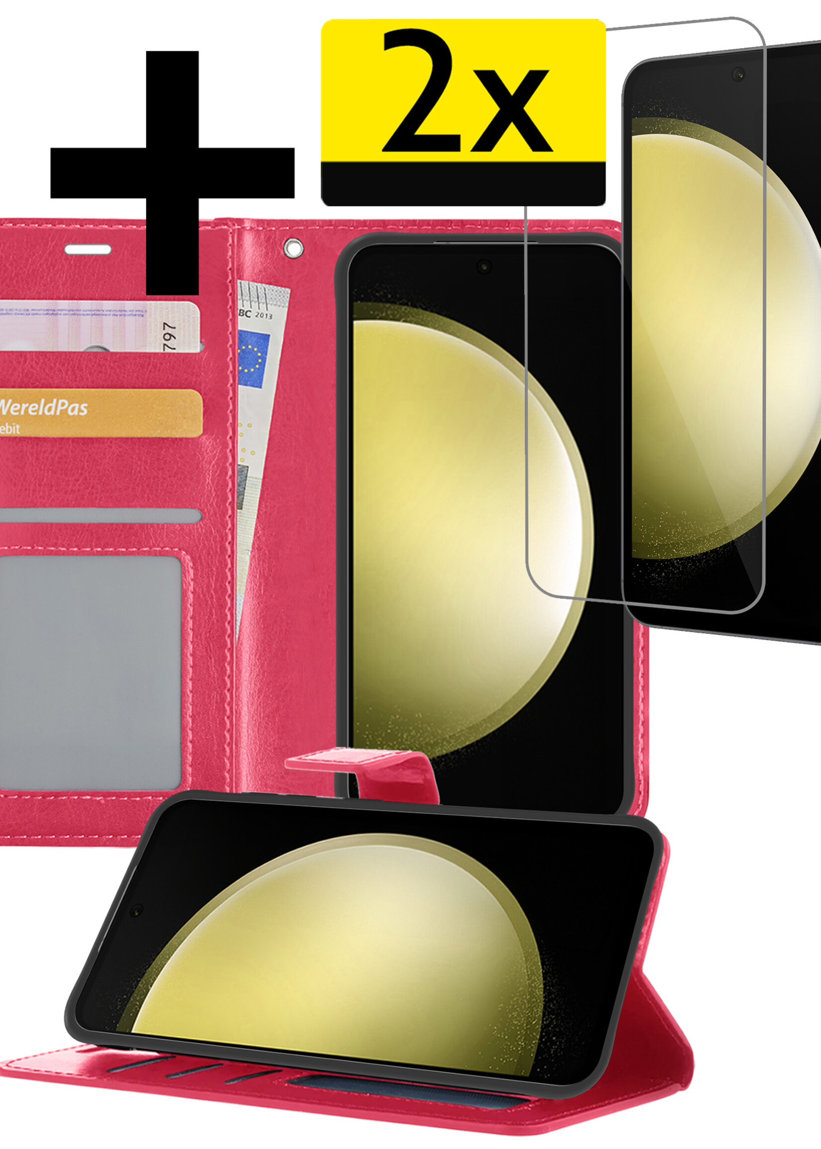 LUQ Hoesje Geschikt voor Samsung S23 FE Hoesje Book Case Hoes Wallet Cover Met 2x Screenprotector - Hoes Geschikt voor Samsung Galaxy S23 FE Hoesje Bookcase Hoes - Donkerroze