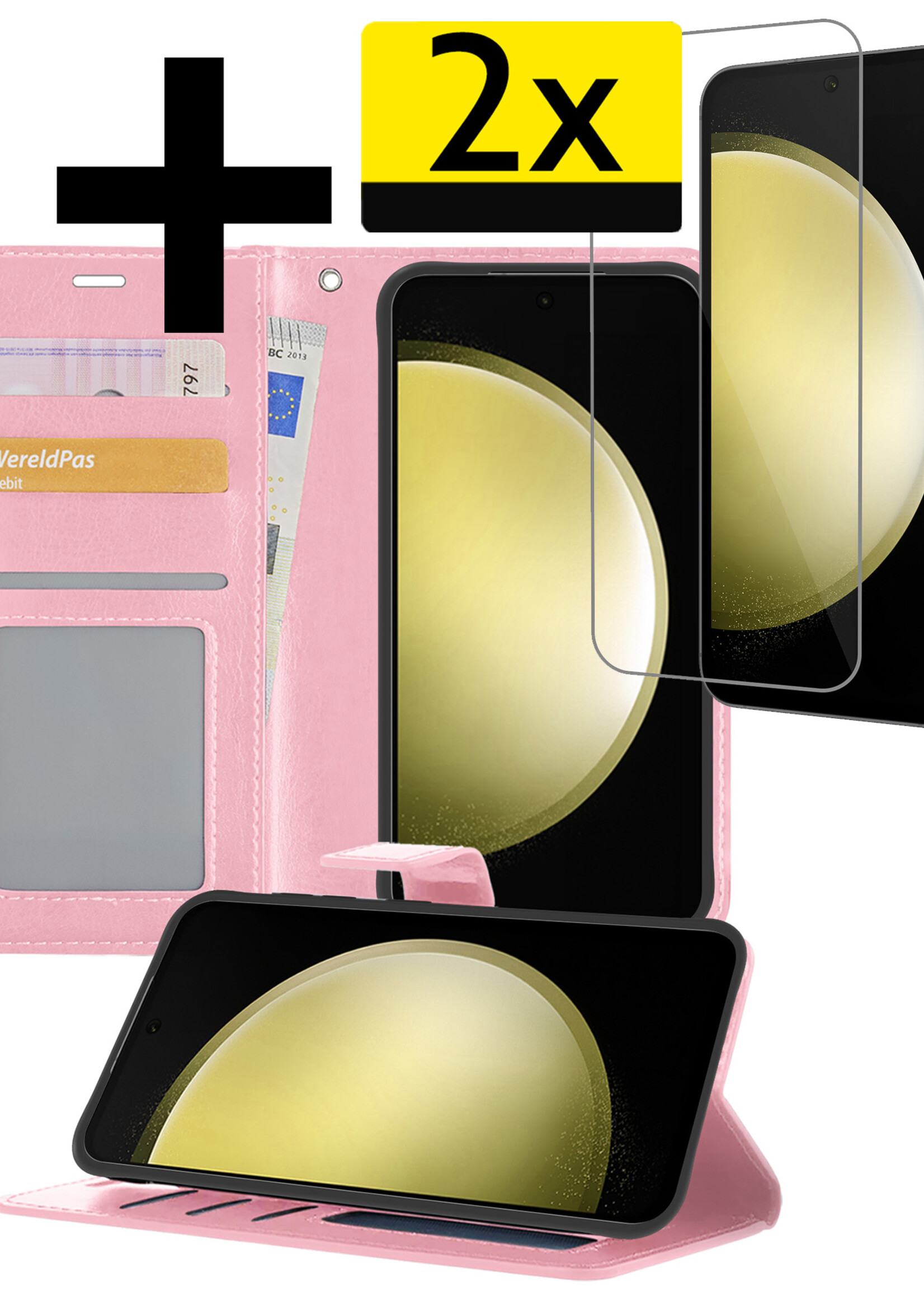 LUQ Hoesje Geschikt voor Samsung S23 FE Hoesje Book Case Hoes Wallet Cover Met 2x Screenprotector - Hoes Geschikt voor Samsung Galaxy S23 FE Hoesje Bookcase Hoes - Lichtroze