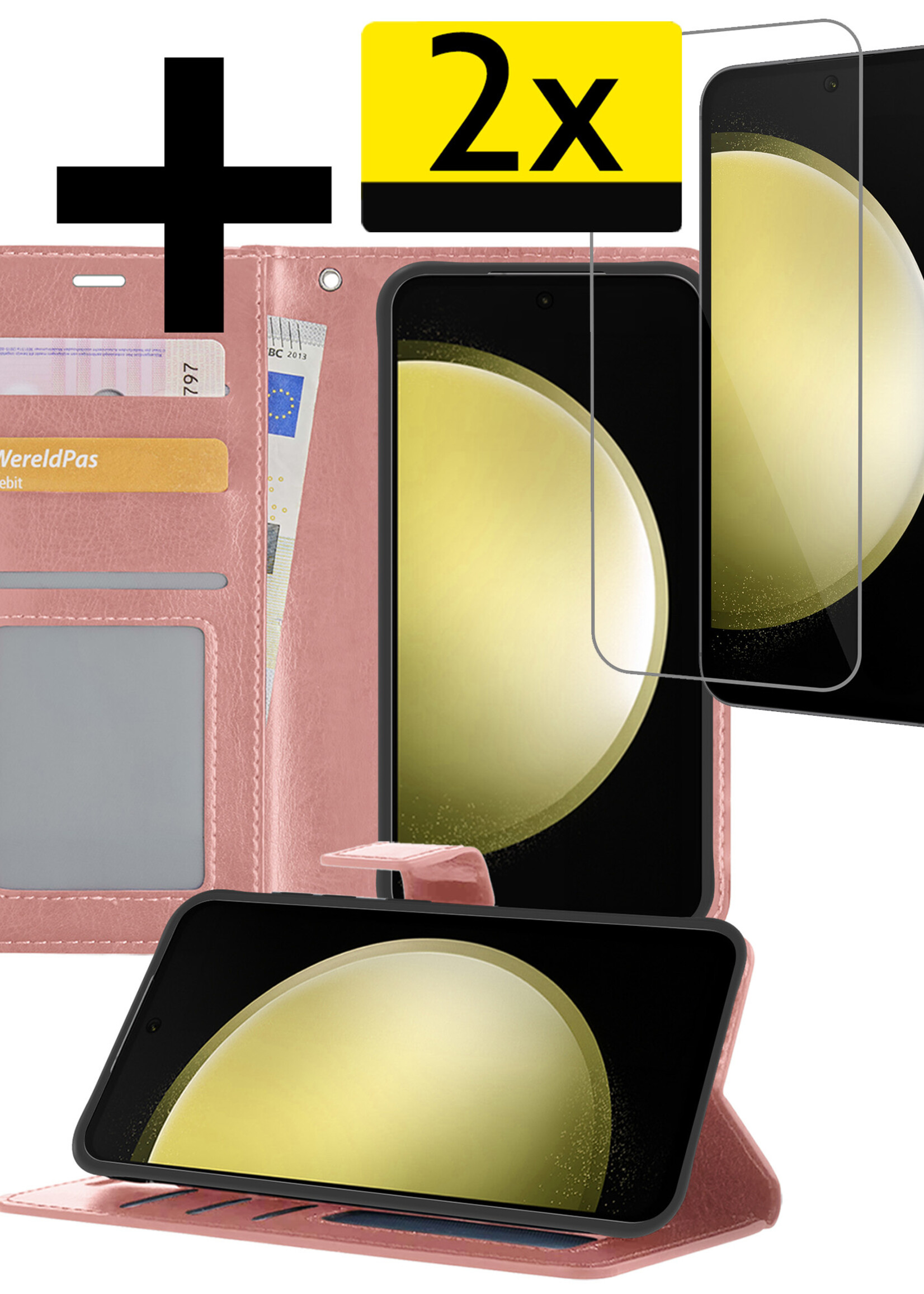 LUQ Hoesje Geschikt voor Samsung S23 FE Hoesje Book Case Hoes Wallet Cover Met 2x Screenprotector - Hoes Geschikt voor Samsung Galaxy S23 FE Hoesje Bookcase Hoes - Rosé goud