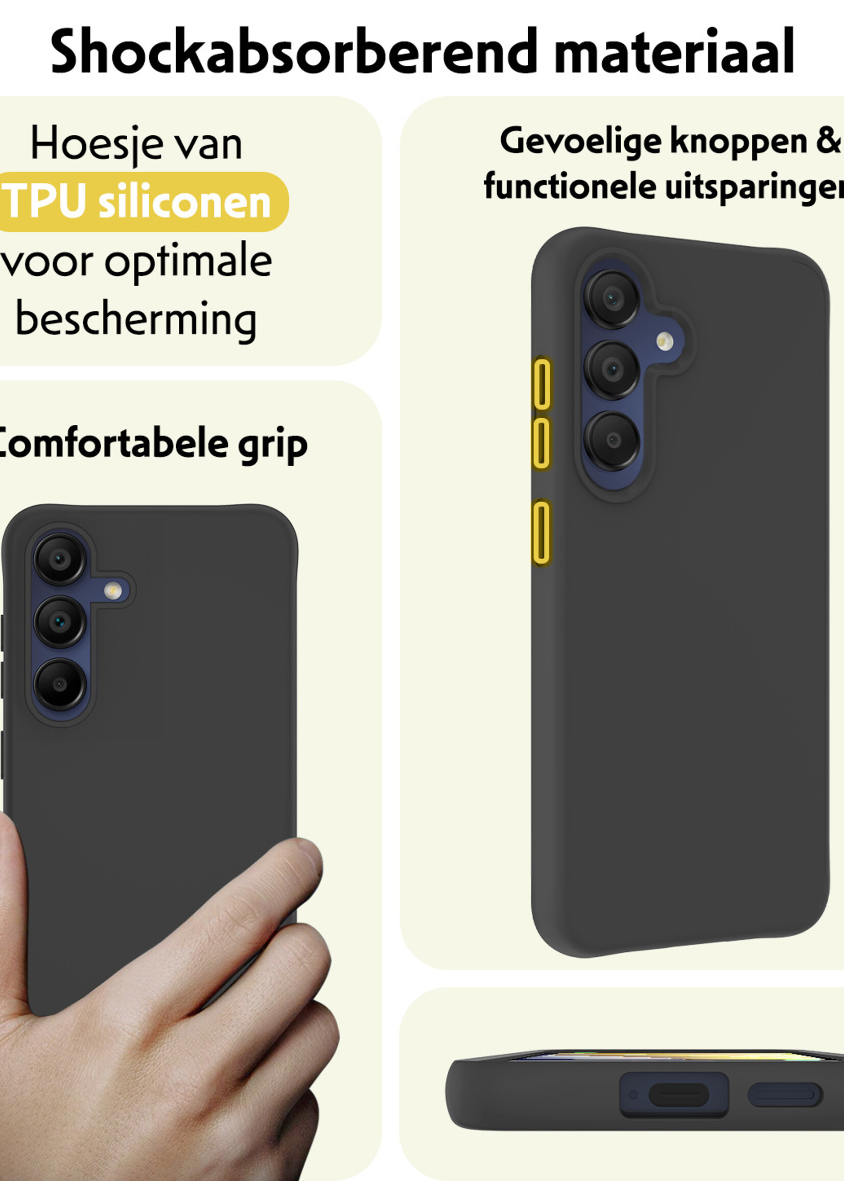 LUQ Hoesje Geschikt voor Samsung A15 Hoesje Siliconen Case Met 2x Screenprotector - Hoes Geschikt voor Samsung Galaxy A15 Hoes Siliconen - Zwart