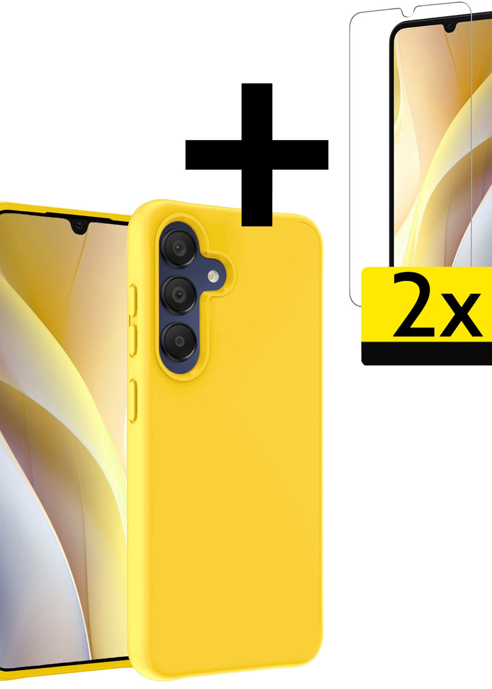 LUQ Hoesje Geschikt voor Samsung A15 Hoesje Siliconen Case Met 2x Screenprotector - Hoes Geschikt voor Samsung Galaxy A15 Hoes Siliconen - Geel
